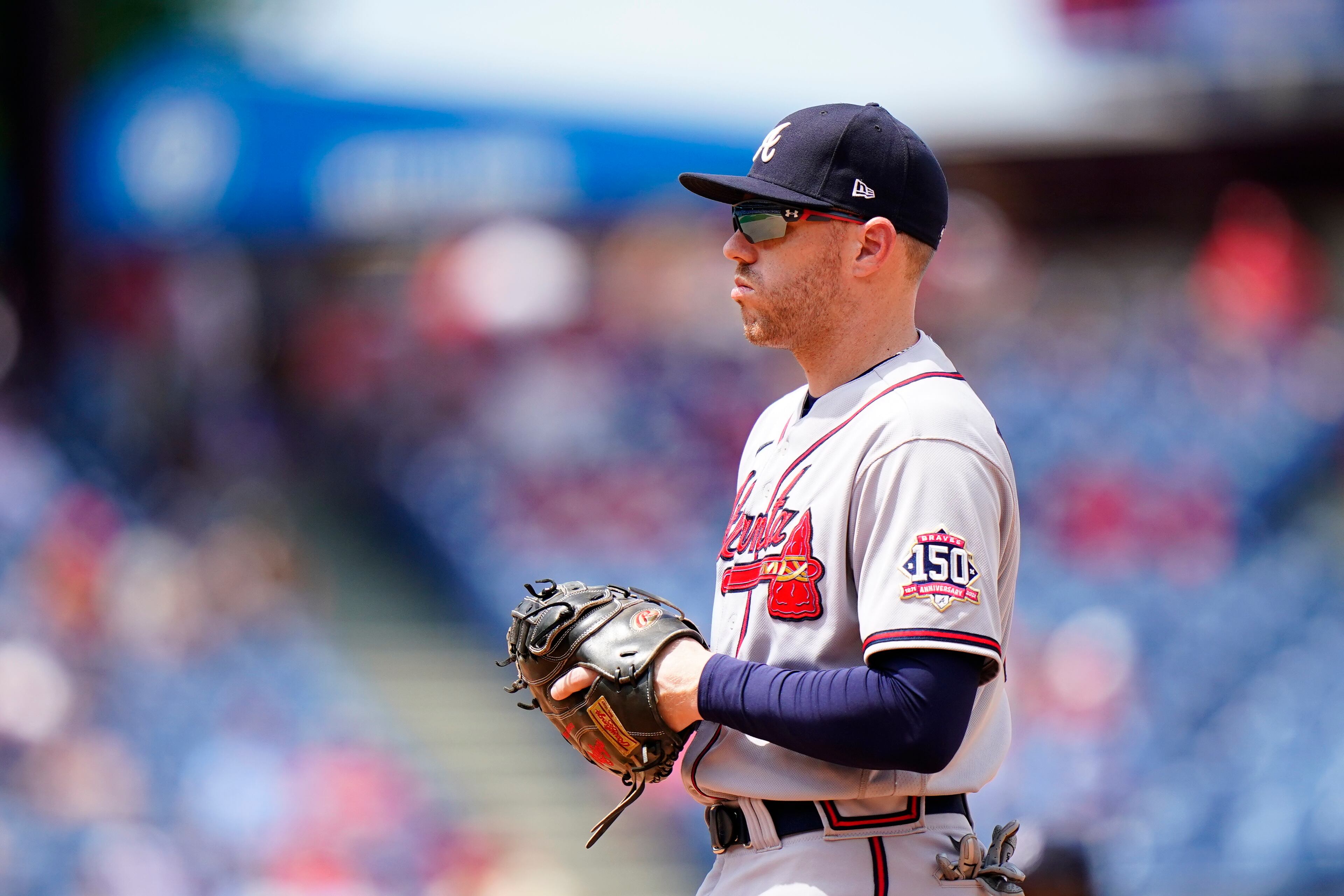 Atlanta Braves' Freddie Freeman plays during a baseball game against the Philadelphia Phillies, Thursday, June 10, 2021, in Philadelphia. (AP Photo/Matt Slocum)