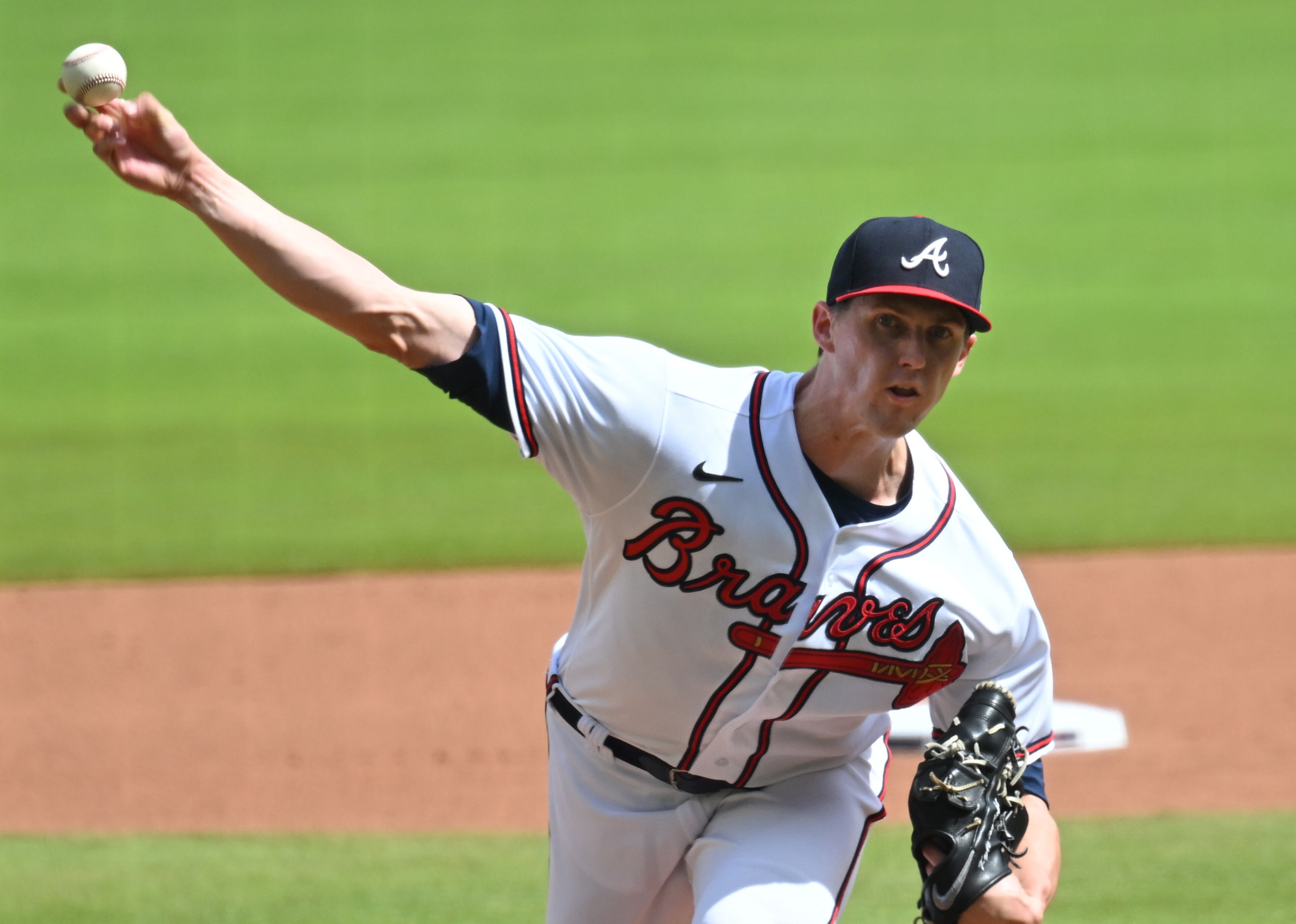 Braves starting pitcher Kyle Wright throws a pitch against Washington Nationals in the first inning at Truist Park on Saturday, July 9, 2022. (Hyosub Shin / Hyosub.Shin@ajc.com)