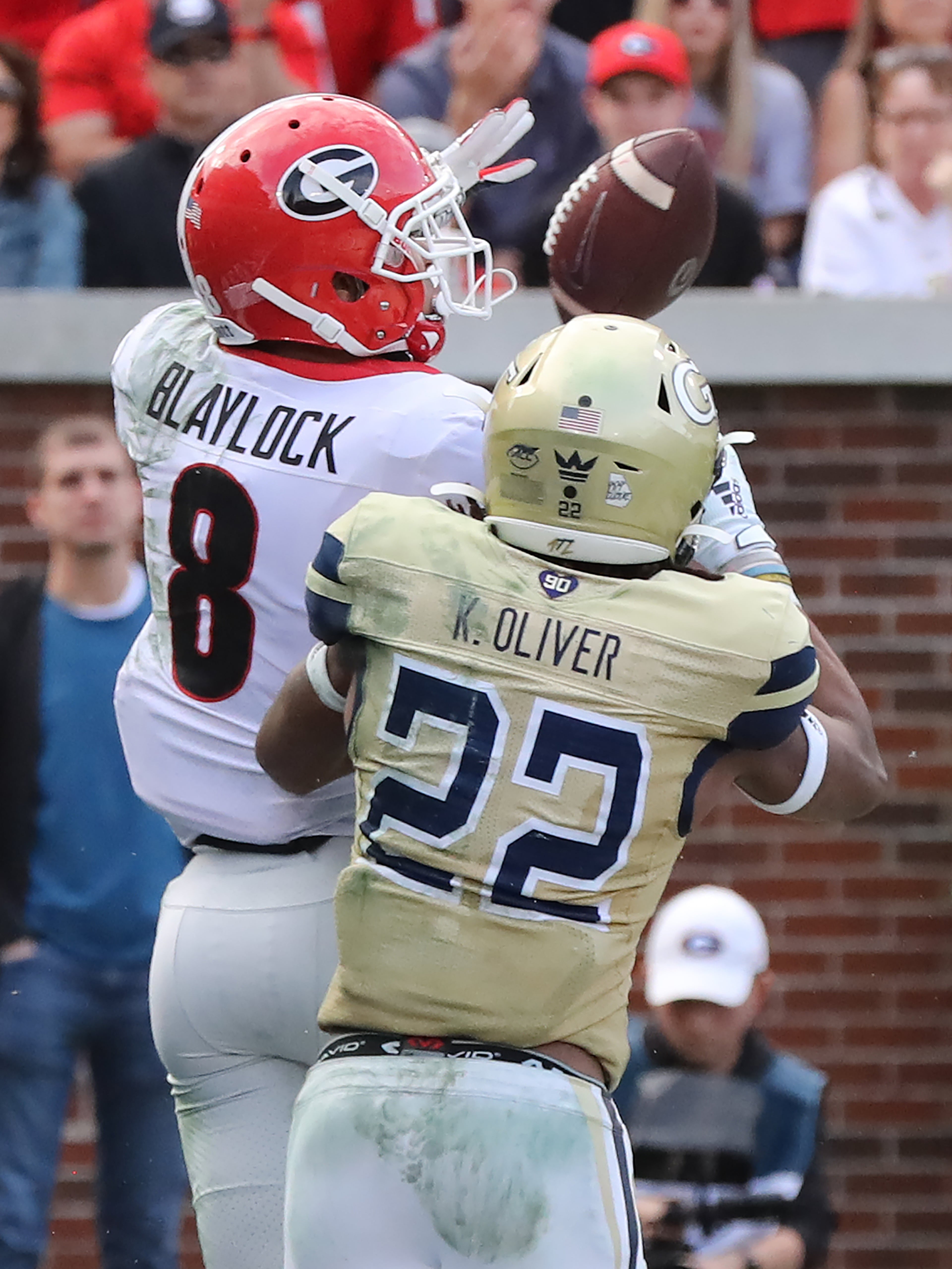 Georgia wide receiver Dominick Blaylock makes a touchdown reception past Georgia Tech defensive back Kaleb Oliver during the second half in a NCAA college football game on Saturday, November 30, 2019, in Atlanta. Curtis Compton/ccompton@ajc.com