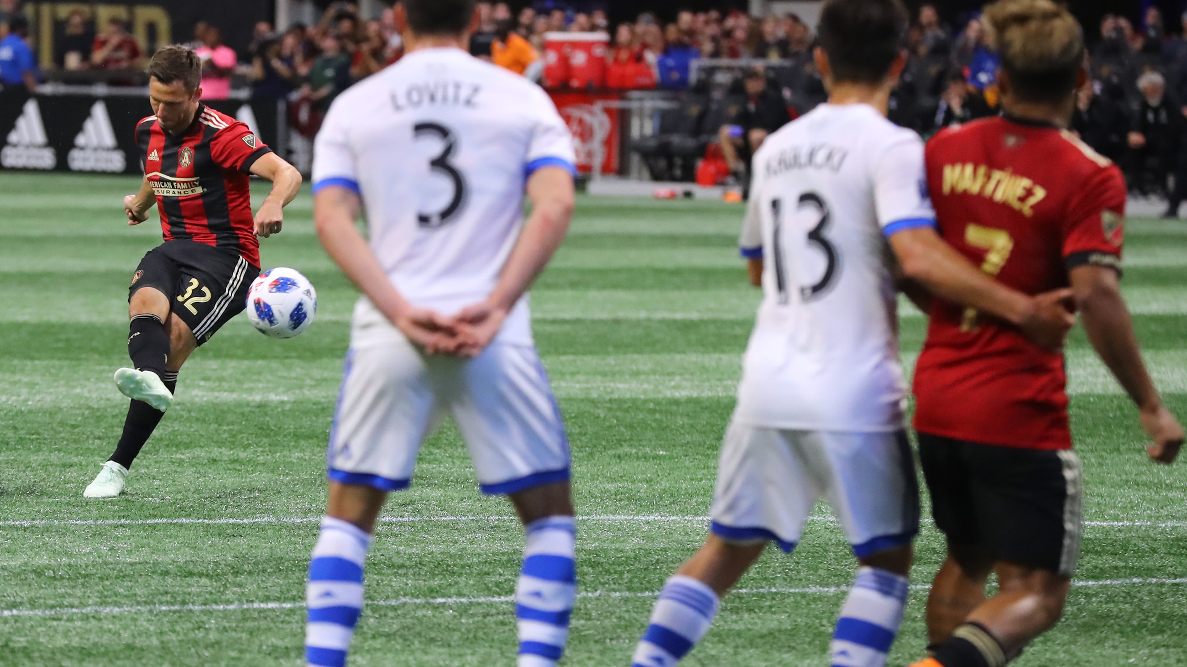 April 28, 2018 Atlanta: Atlanta United midfielder Kevin Kratz scores the go ahead goal on a free kick for a 2-1 lead over the Montreal Impact during the second half in a MLS soccer game on Saturday, April 28, 2018, in Atlanta. Kratz scored two goals on free kicks during the second half to help win the match 4-1. Curtis Compton/ccompton@ajc.com