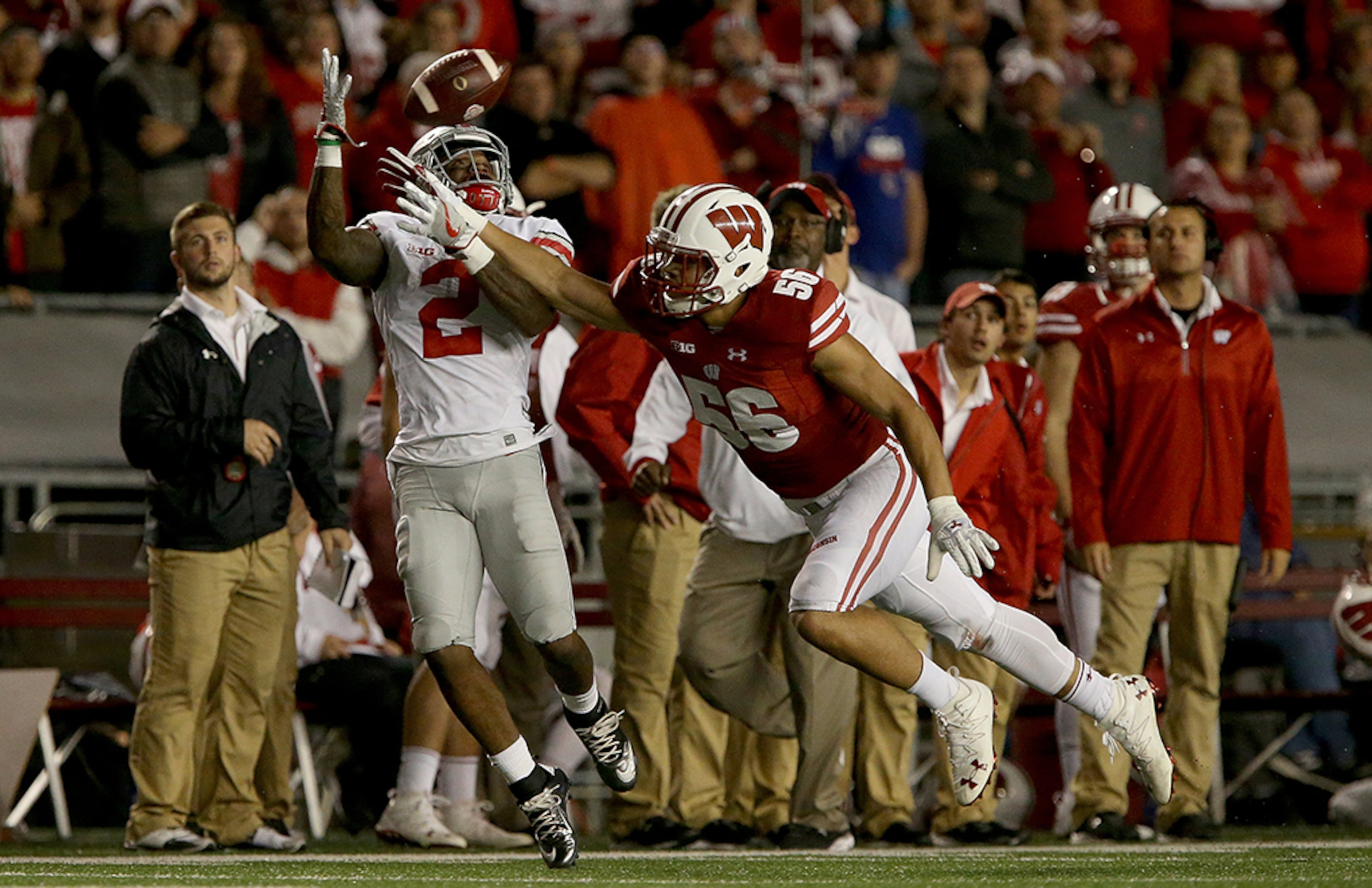 MADISON, WI - OCTOBER 15: Dontre Wilson #2 of the Ohio State Buckeyes makes a catch past Zack Baun #56 of the Wisconsin Badgers in overtime at Camp Randall Stadium on October 15, 2016 in Madison, Wisconsin. (Photo by Dylan Buell/Getty Images)