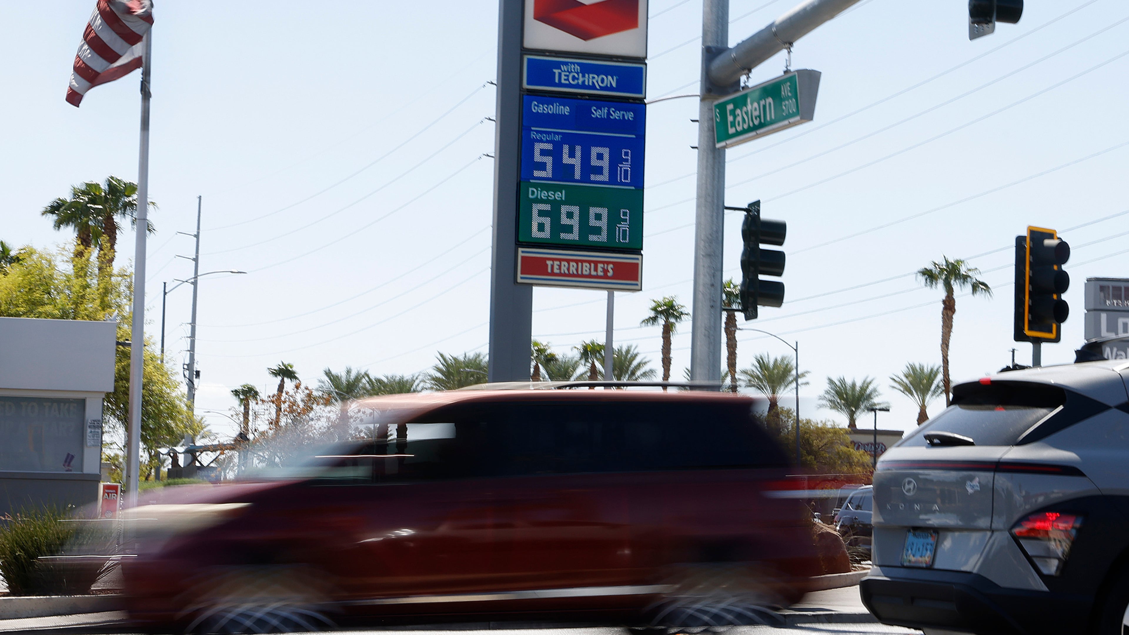 A Chevron station displays its gas prices on Friday, Sept. 18, 2026, on Eastern Avenue in Las Vegas.(Bizuayehu Tesfaye/Las Vegas Review-Journal via AP)