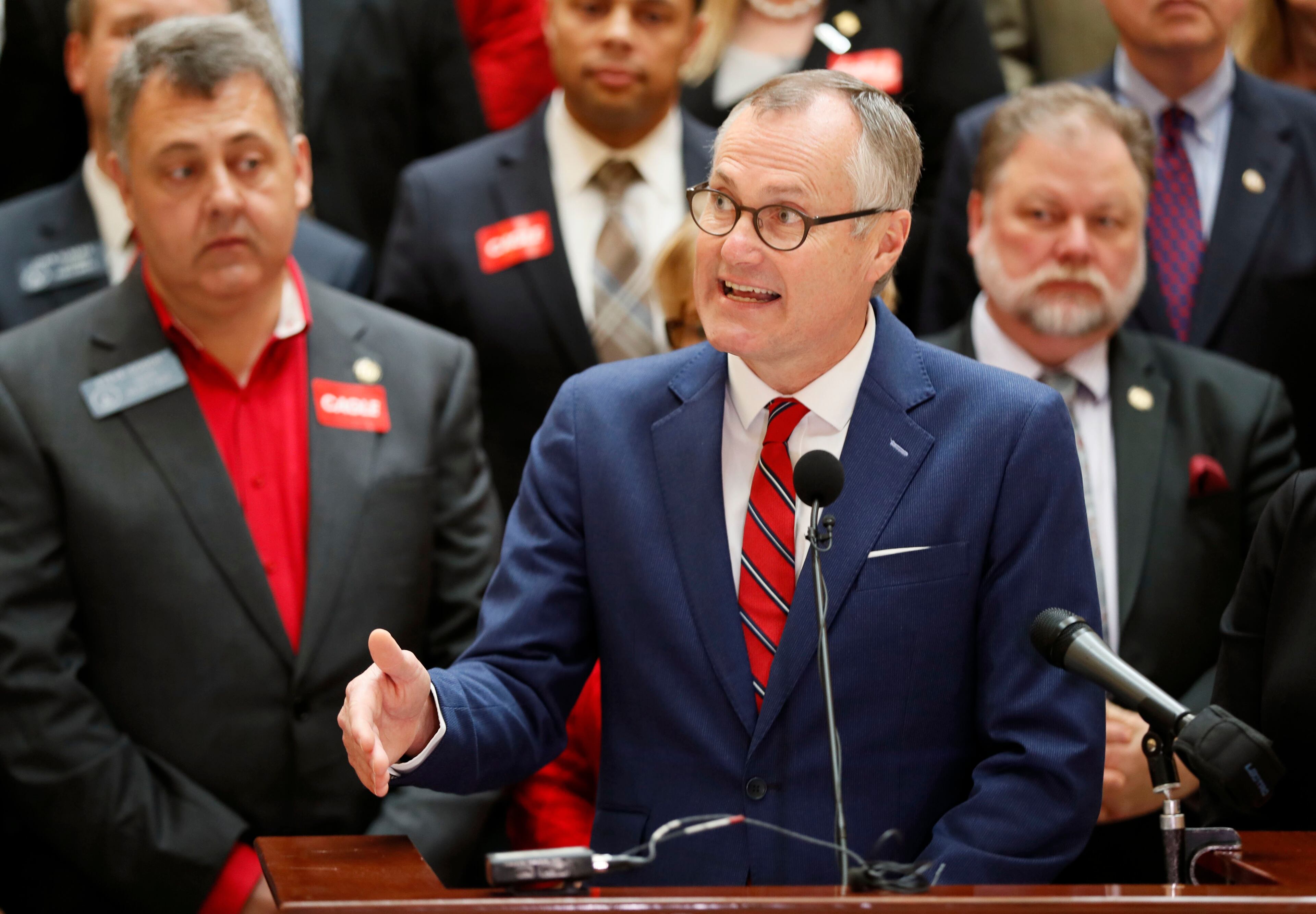 3/6/18 - Atlanta - Lt. Gov. Casey Cagle, surrounded by supporters, addresses the media after he qualified to run for governor this afternoon. Qualifying for Georgia's 2018 elections began Monday and runs through Friday. Georgia has races for Governor, Lieutenant Governor and other statewide posts, and every congressional seat nationwide is up for a vote in November. BOB ANDRES /BANDRES@AJC.COM