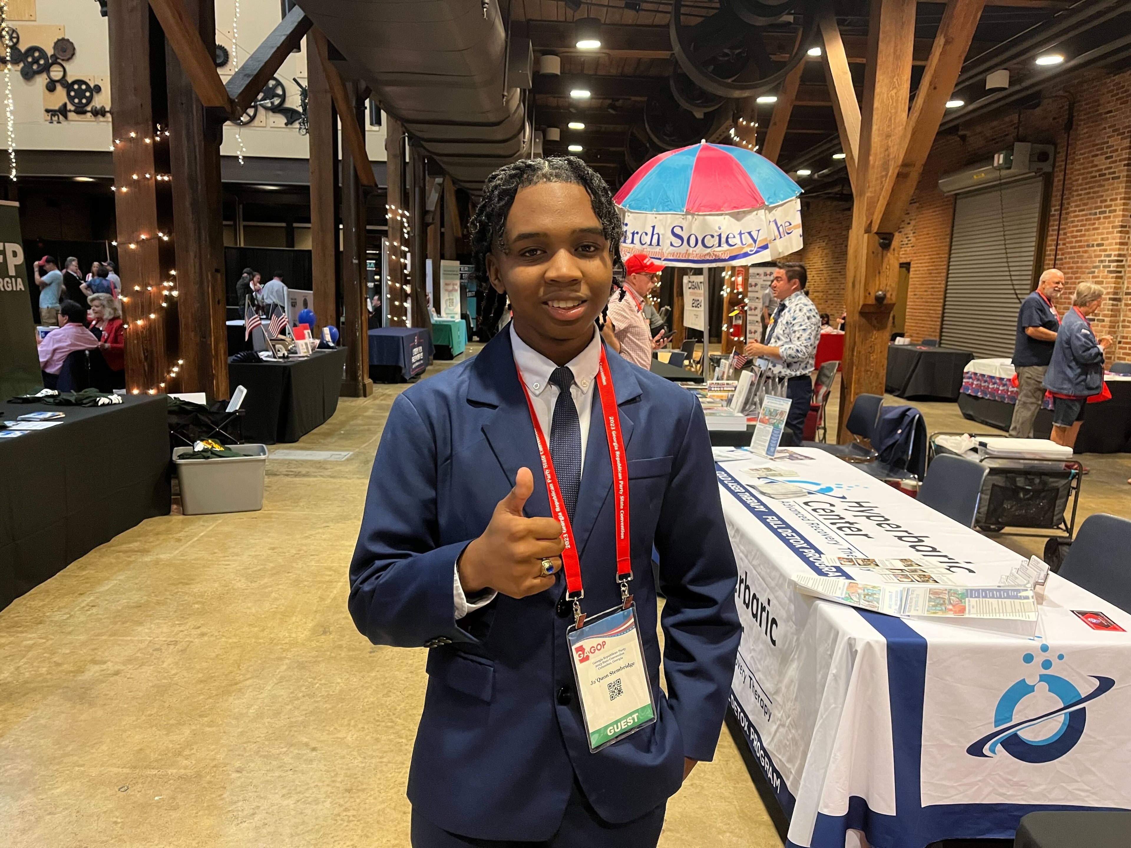 Ja’Quon Stembridge gives a thumbs up during the GOP convention in Columbus, Ga, on Saturday June 10, 2023. (David Aaro/AJC)