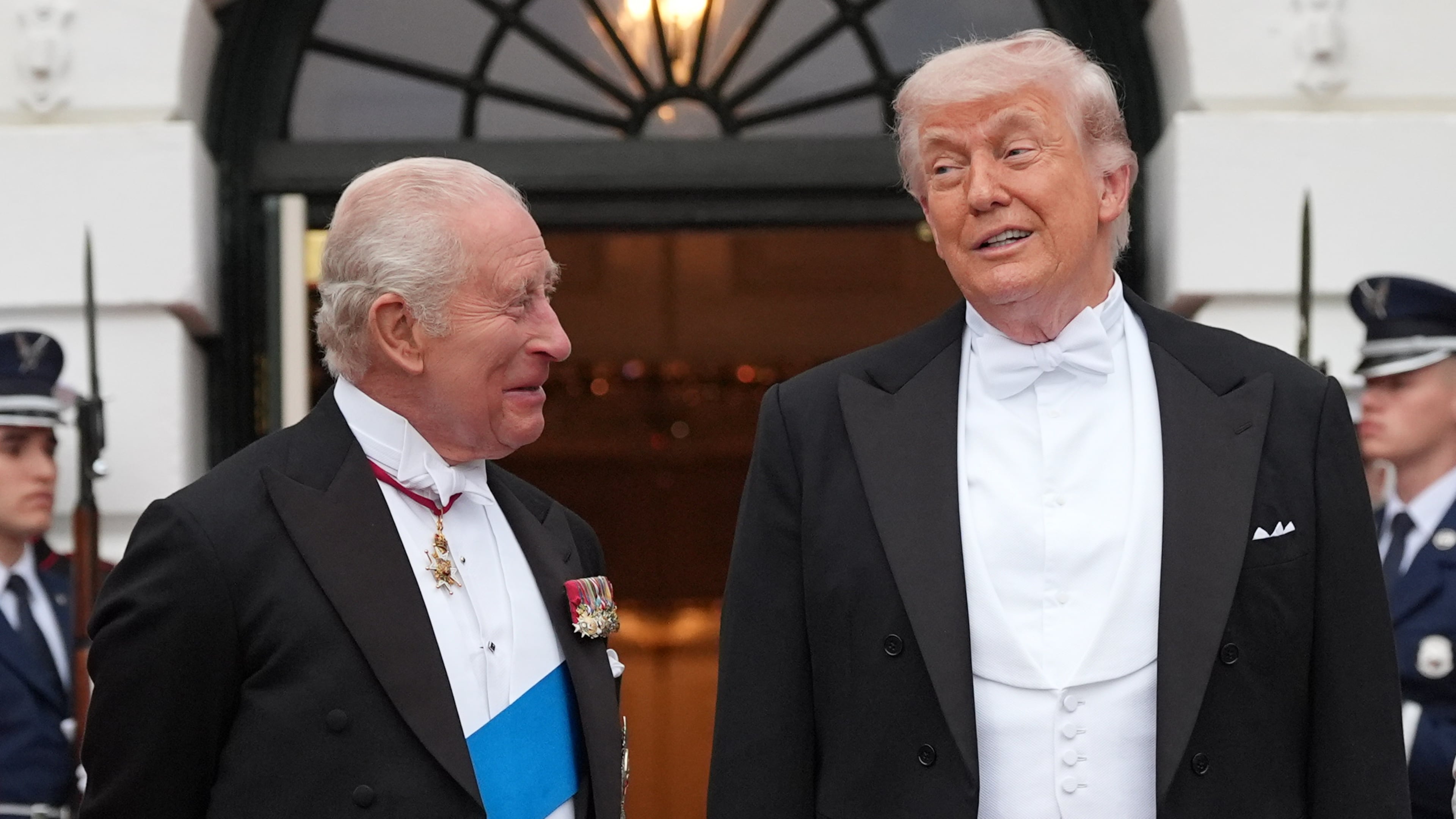 President Donald Trump greets Britain's King Charles III at the South Portico of the White House for a State Dinner Tuesday, April 28, 2026, in Washington. (AP Photo/Alex Brandon)