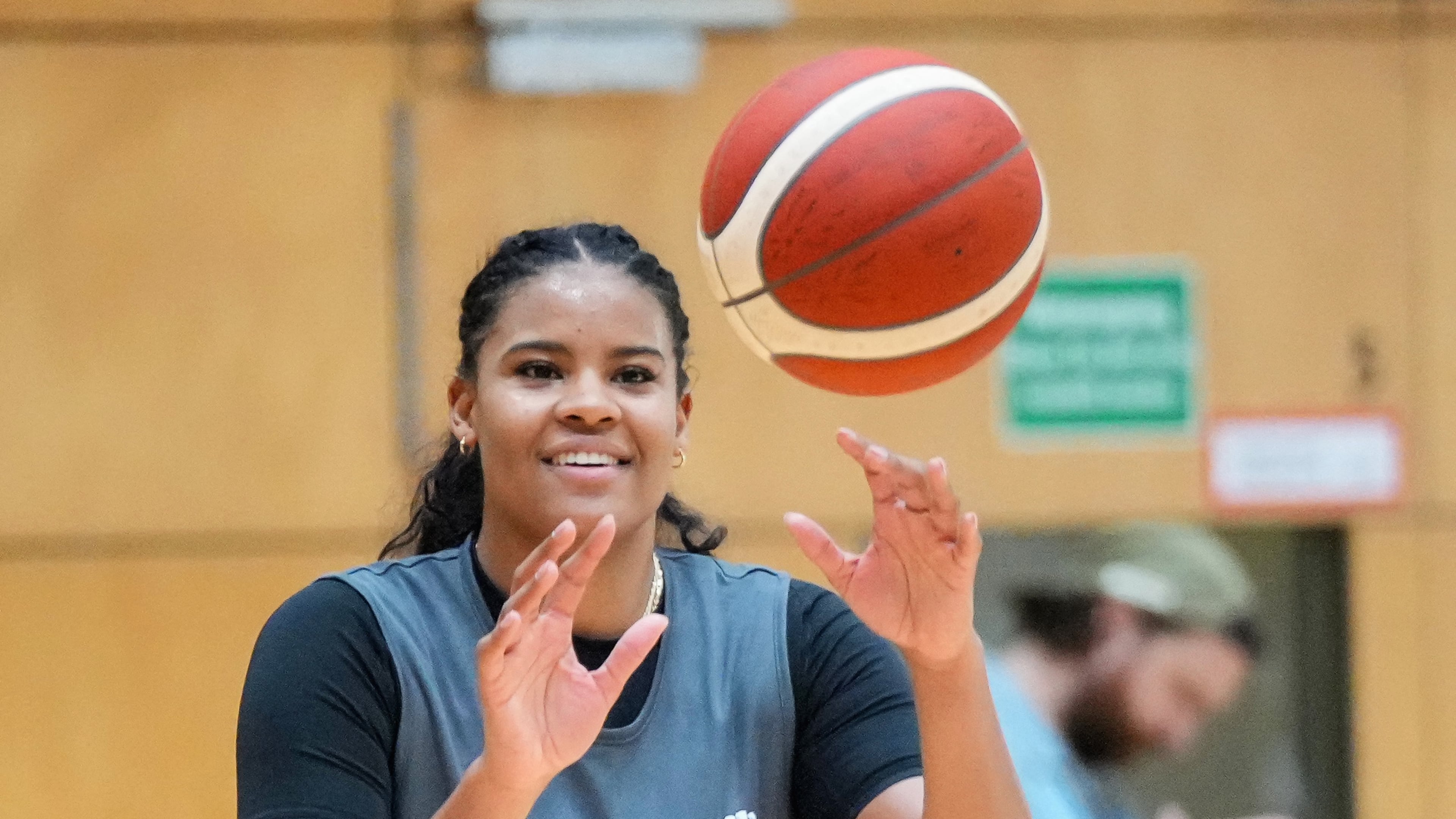 Nyara Sabally in action during a training session of team Germany in Berlin, Germany, Tuesday, Sept. 1, 2026, ahead of the FIBA Women's Basketball World Cup. (Soeren Stache/dpa via AP)