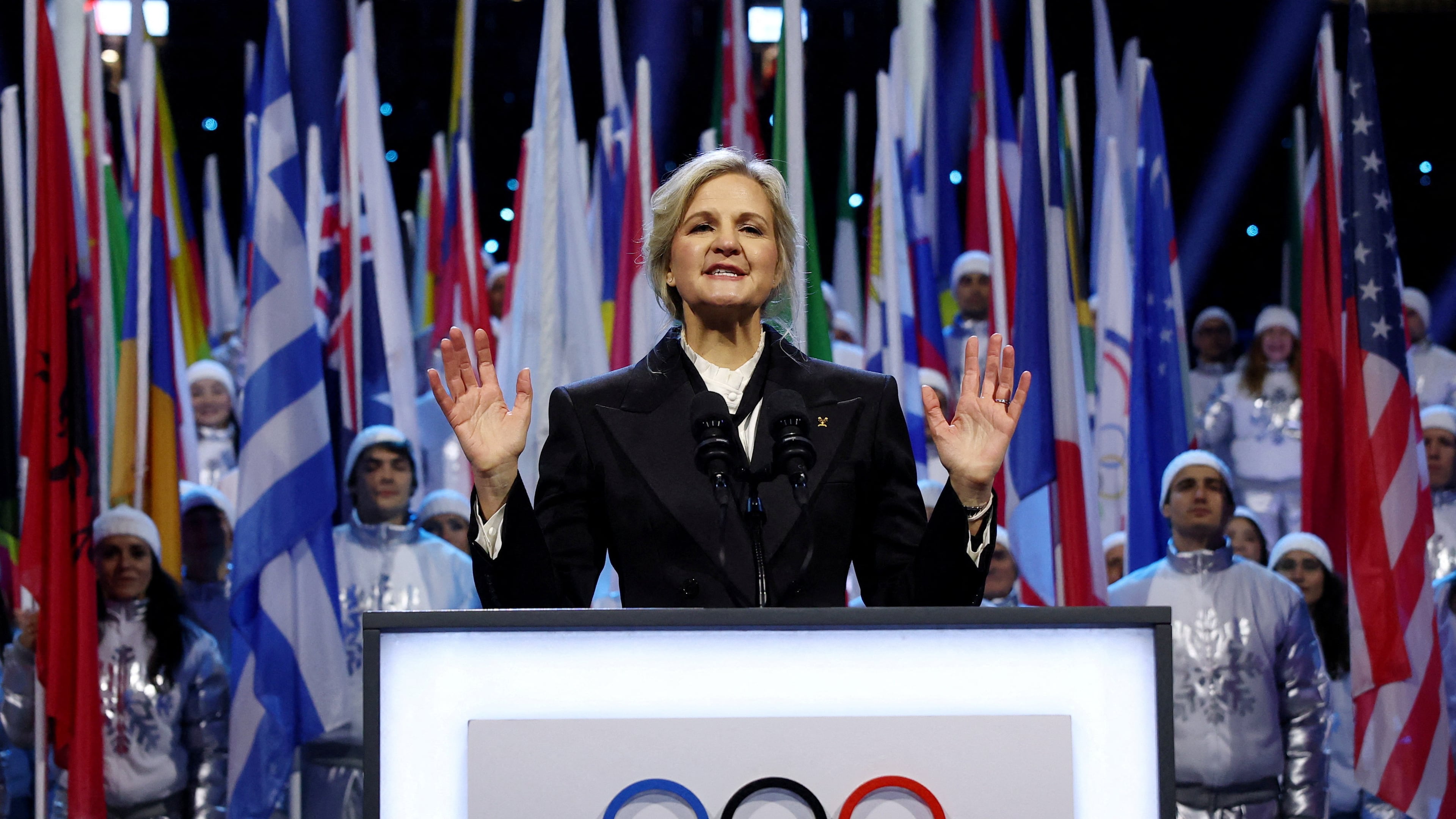 FILE - IOC President Kirsty Coventry speaks during the Olympic opening ceremony at the 2026 Winter Olympics, in Milan, Italy, Friday, Feb. 6, 2026. (Yves Herman/Pool Photo via AP, file)