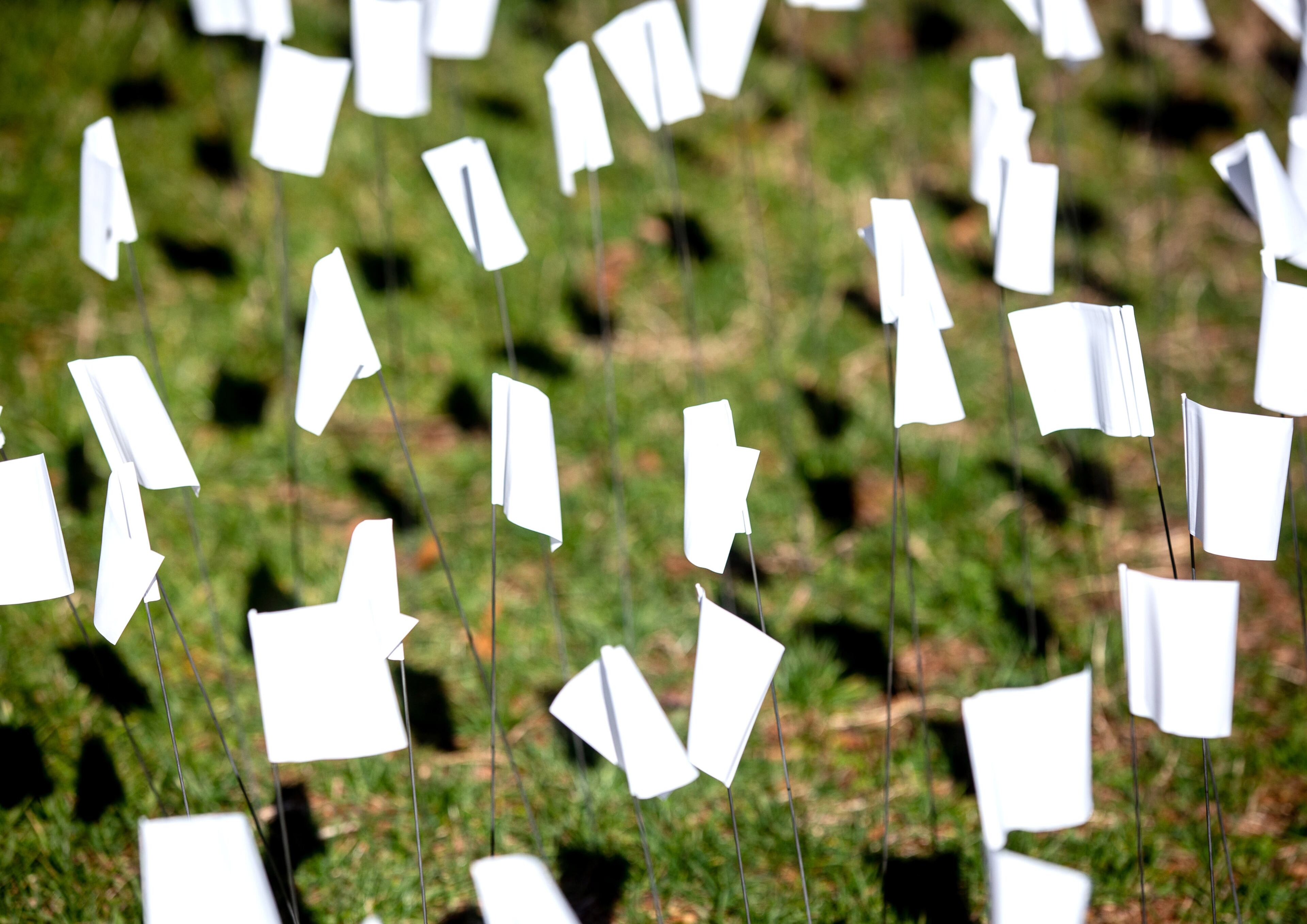 Some of the 15,000 flags are planted on the lawn of First Christian Church of Decatur on Saturday, February 20, 2021. The flags represent the number of COVID-19 deaths in Georgia, and the effort aims to raise awareness about the toll of the coronavirus. (Photo: Steve Schaefer for The Atlanta Journal-Constitution)