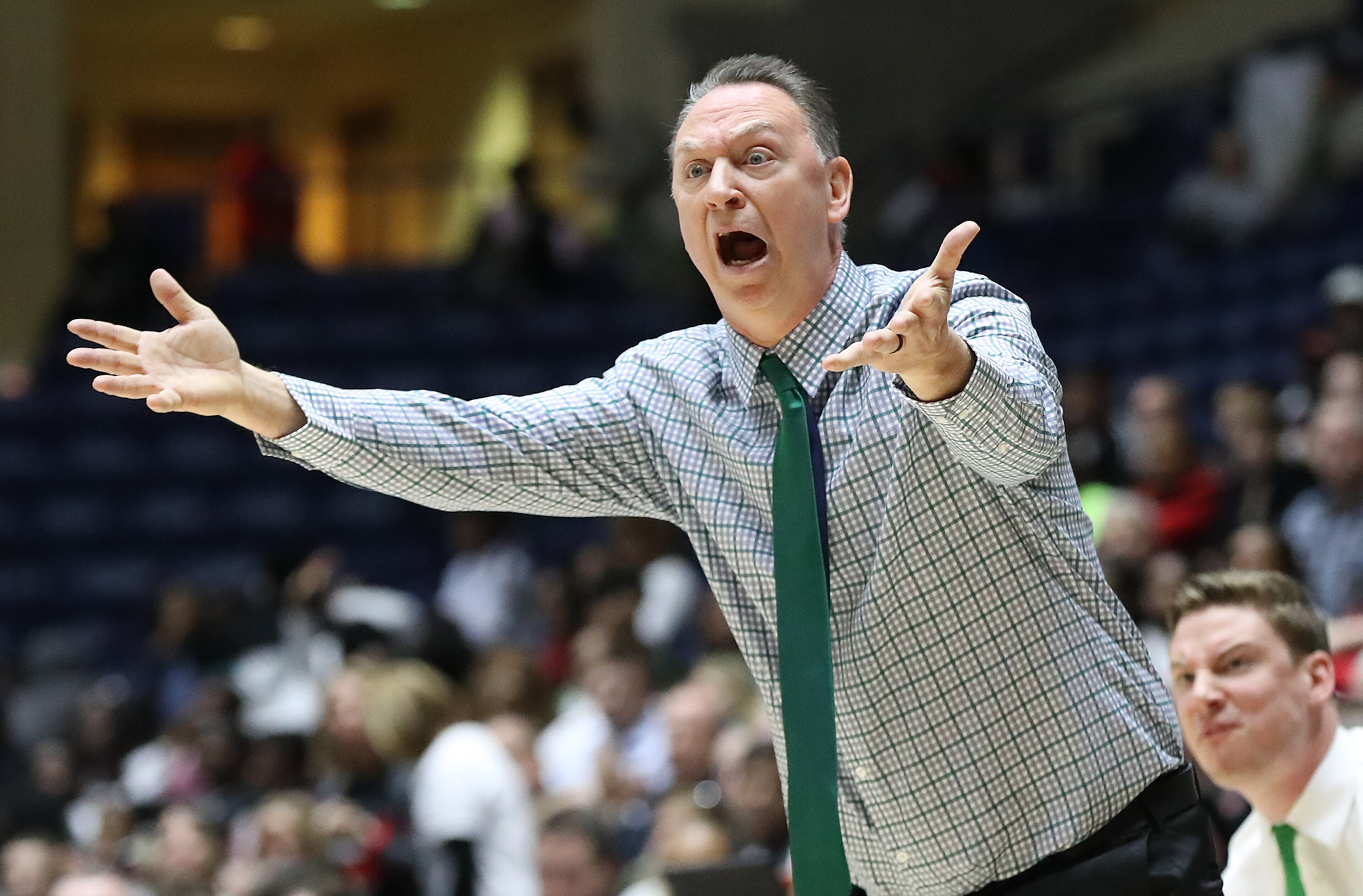 March 8, 2018 Macon: Buford head coach Gene Durden looks for a foul call from officials against Flowery Branch in their GHSA state basketball championship game on Thursday, March 8, 2018, in Macon. Curtis Compton/ccompton@ajc.com