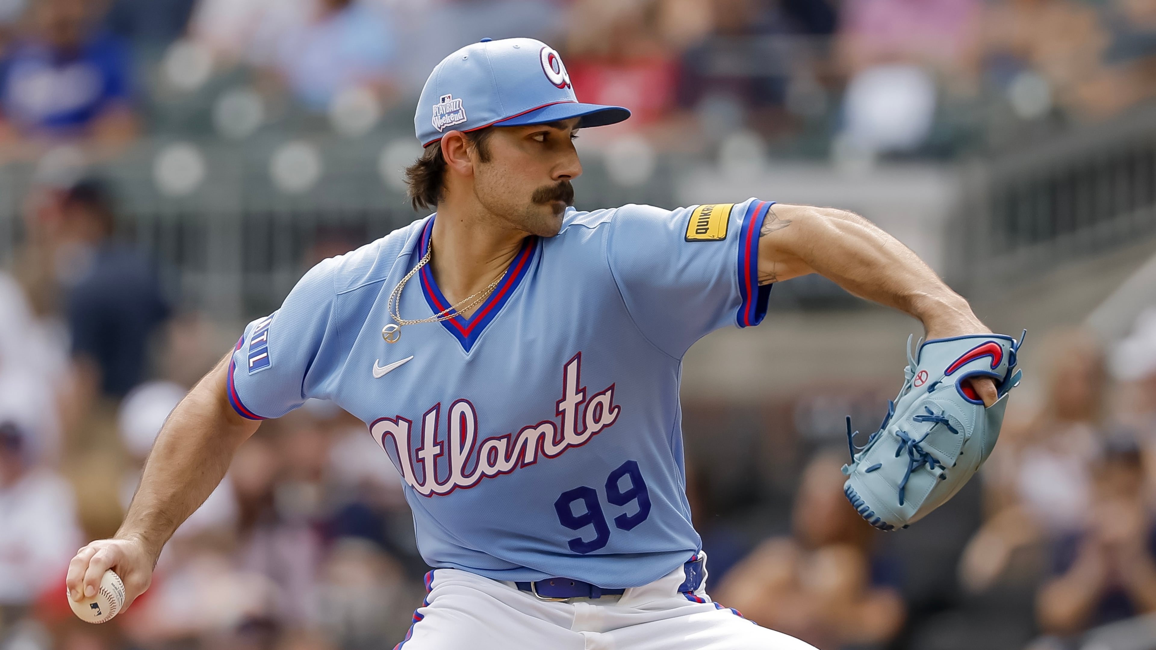 Atlanta Braves pitcher Spencer Strider delivers to a Pittsburgh Pirates batter during the first inning of a baseball game, Saturday, June 6, 2026, in Atlanta. (AP Photo/Erik S. Lesser)