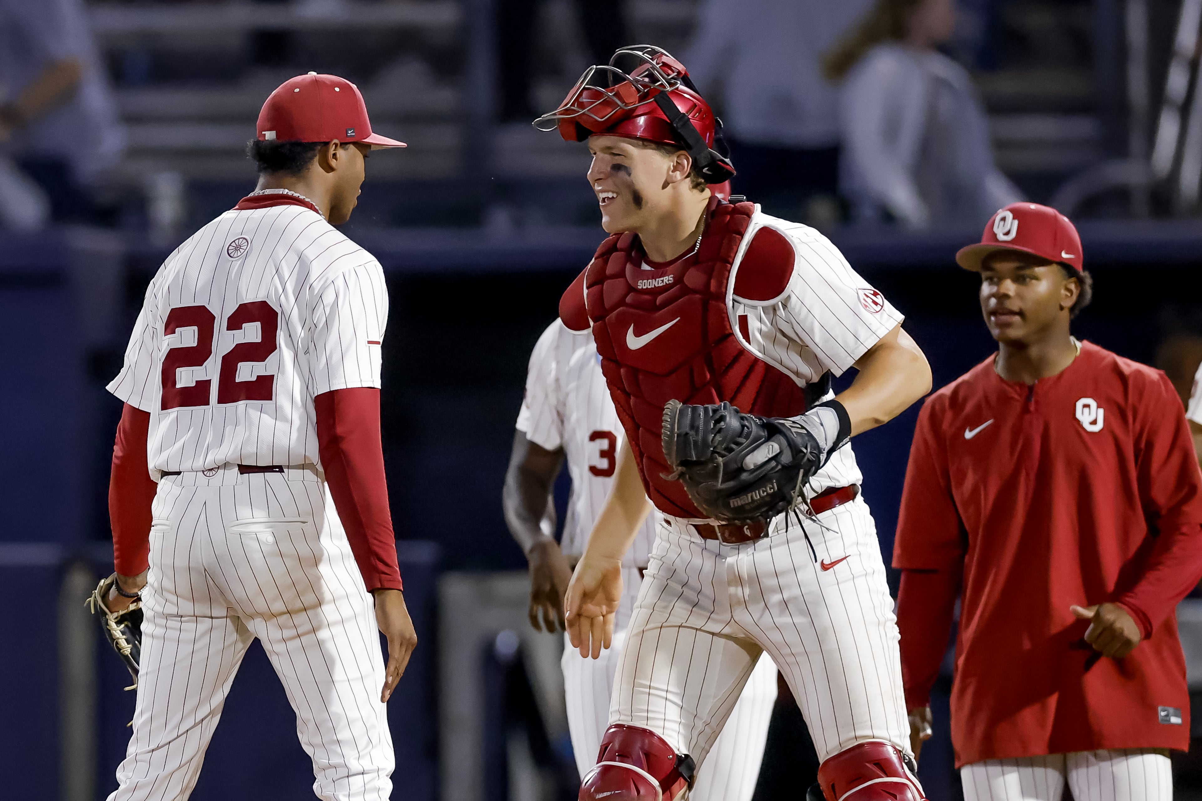 Oklahoma pitcher Lj Mercurius (left) celebrates with catcher Deiten Lachance after defeating Georgia Tech in the ninth inning of the Atlanta Regional game at Russ Chandler Stadium, Sunday, May 31, 2026. The Yellow Jackets lost to the Sooners and will have to play on Monday, June 1. (Erik S. Lesser for the AJC)