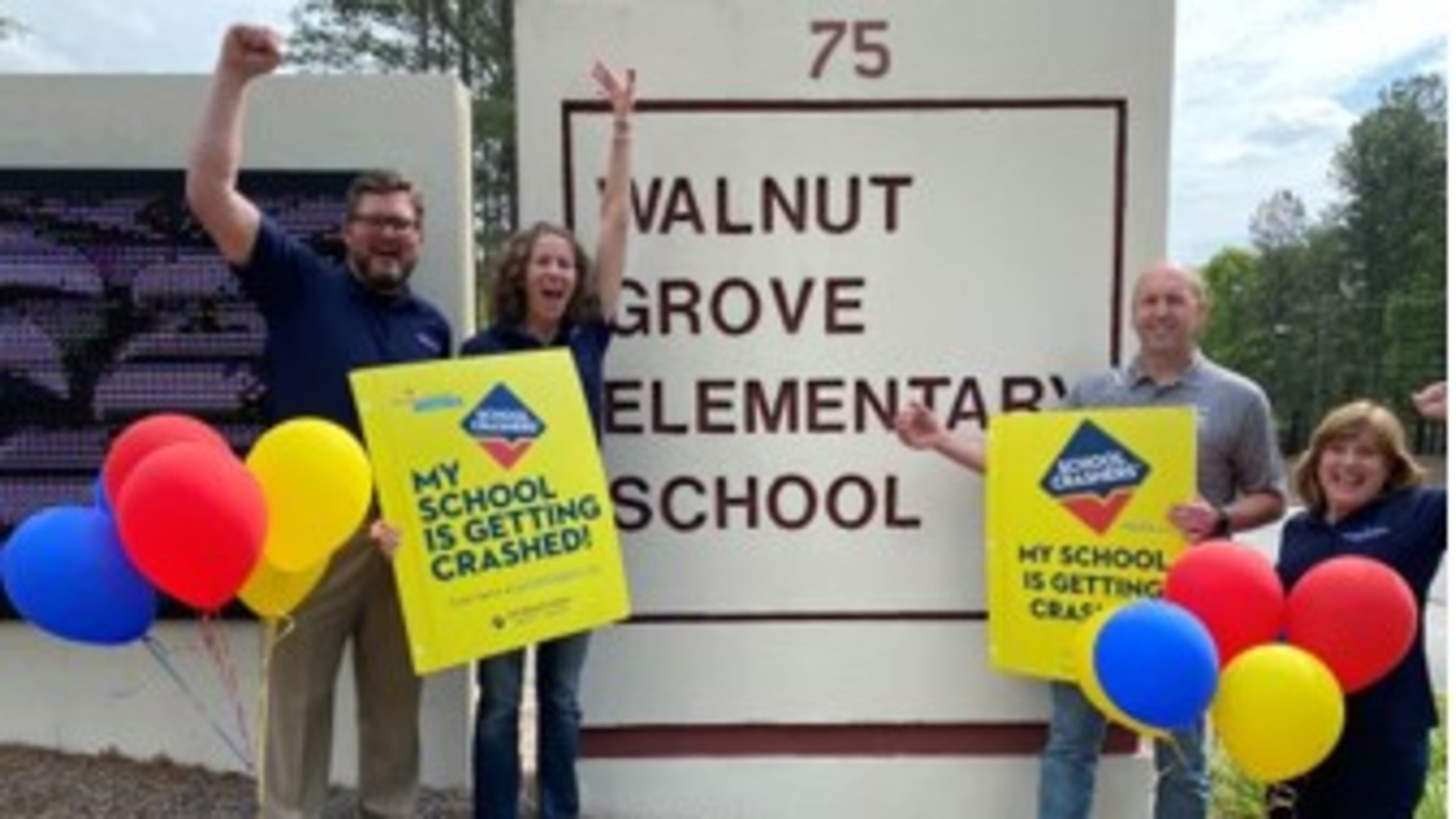 Five schools will receive facility makeovers donated by Georgia United Foundation’s School Crashers Program. Walnut Grove Elementary in Suwanee celebrated the announcement of their crash. COURTESY OF GEORGIA UNITED CREDIT UNION FOUNDATION
