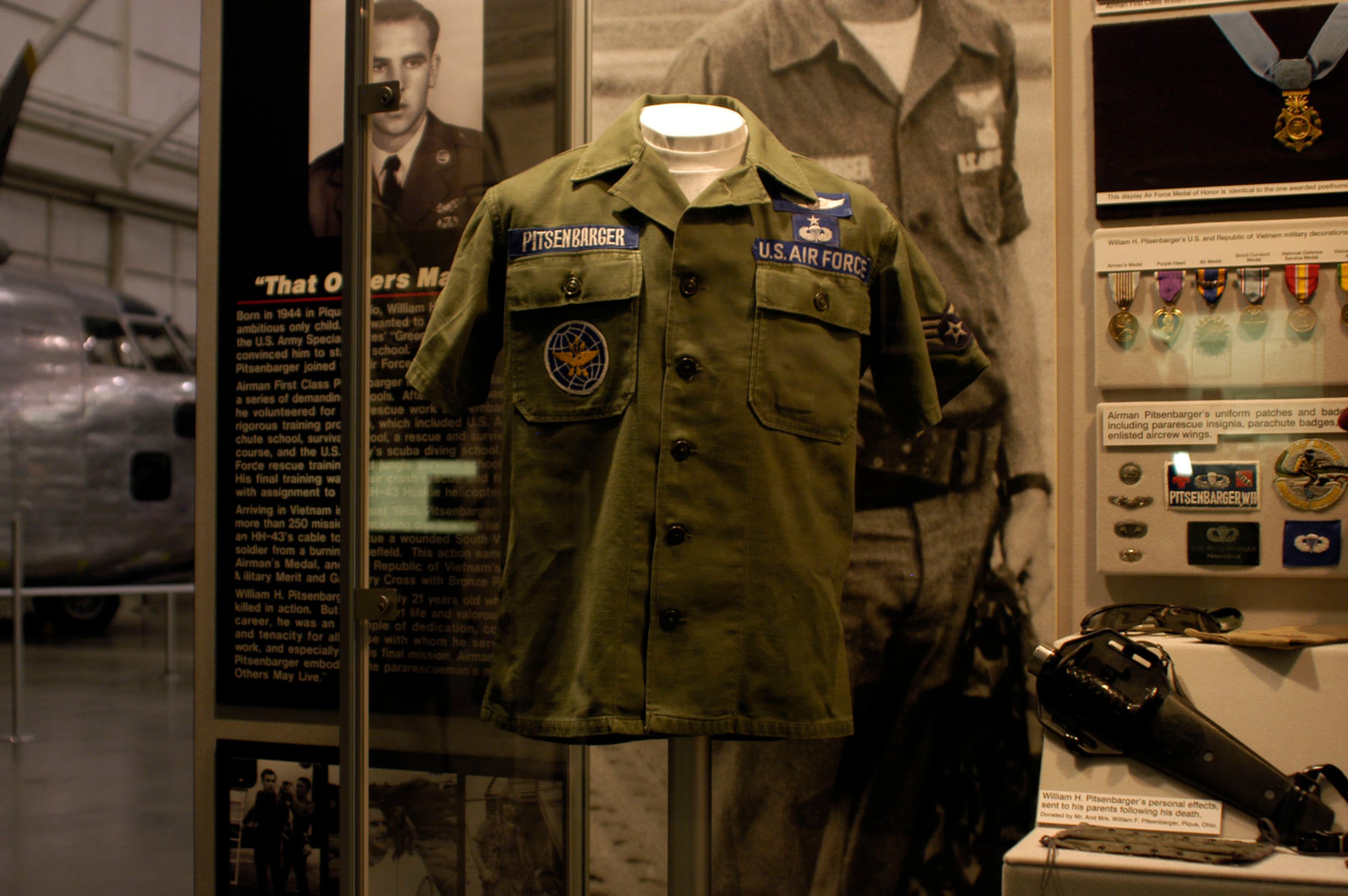 Airman First Class William H. Pitsenbarger's uniform on display in the Modern Flight Gallery at the National Museum of the U.S. Air Force. Photo: U.S. Air Force