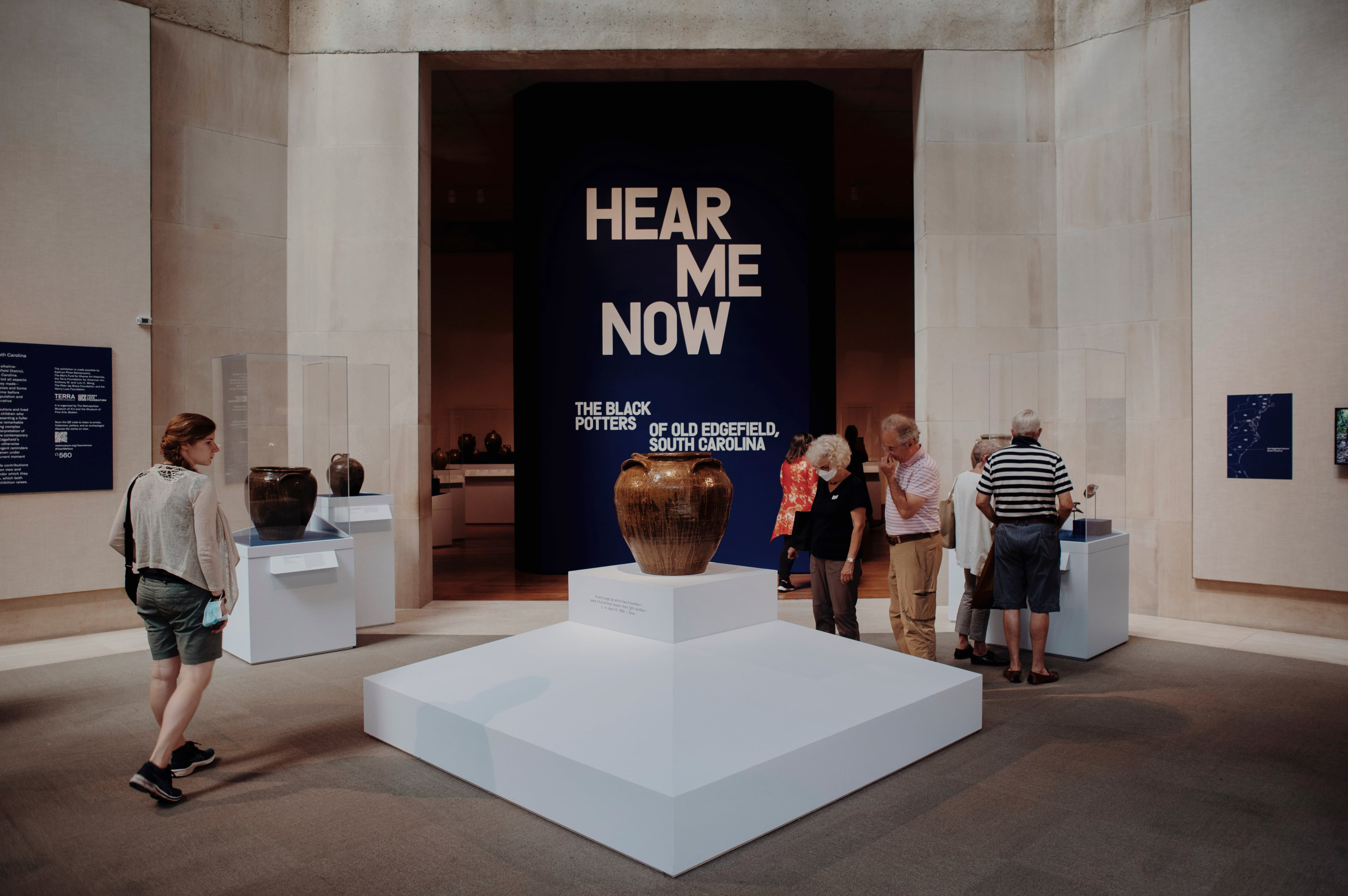 A jug made by David Drake circa 1858 on exhibit at “Hear Me Now: The Black Potters of Old Edgefield, South Carolina,” at the Metropolitan Museum of Art in New York, Sept. 19, 2022. (Lila Barth/The New York Times)