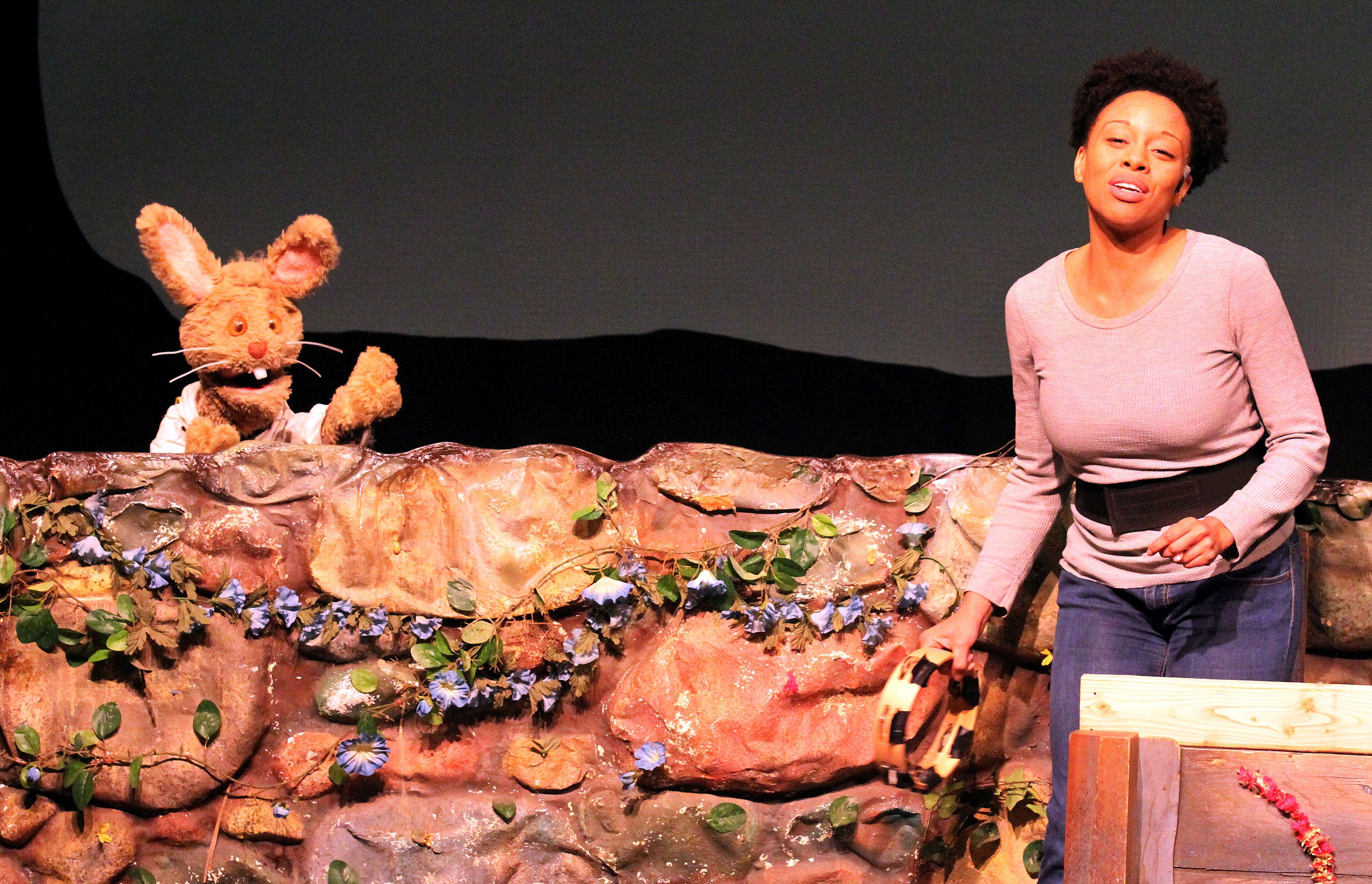 Jared Brodie (as Brer Rabbit) and Janee Ann Smith sing during rehearsals for The Center for Puppetry Arts' production of "Brer Rabbit & Friends." The folktales on which the show is based, collected before and after the Civil War by Atlanta Constitution columnist Joel Chandler Harris, concern a trickster rabbit who, by his own wits, overcomes stronger creatures.