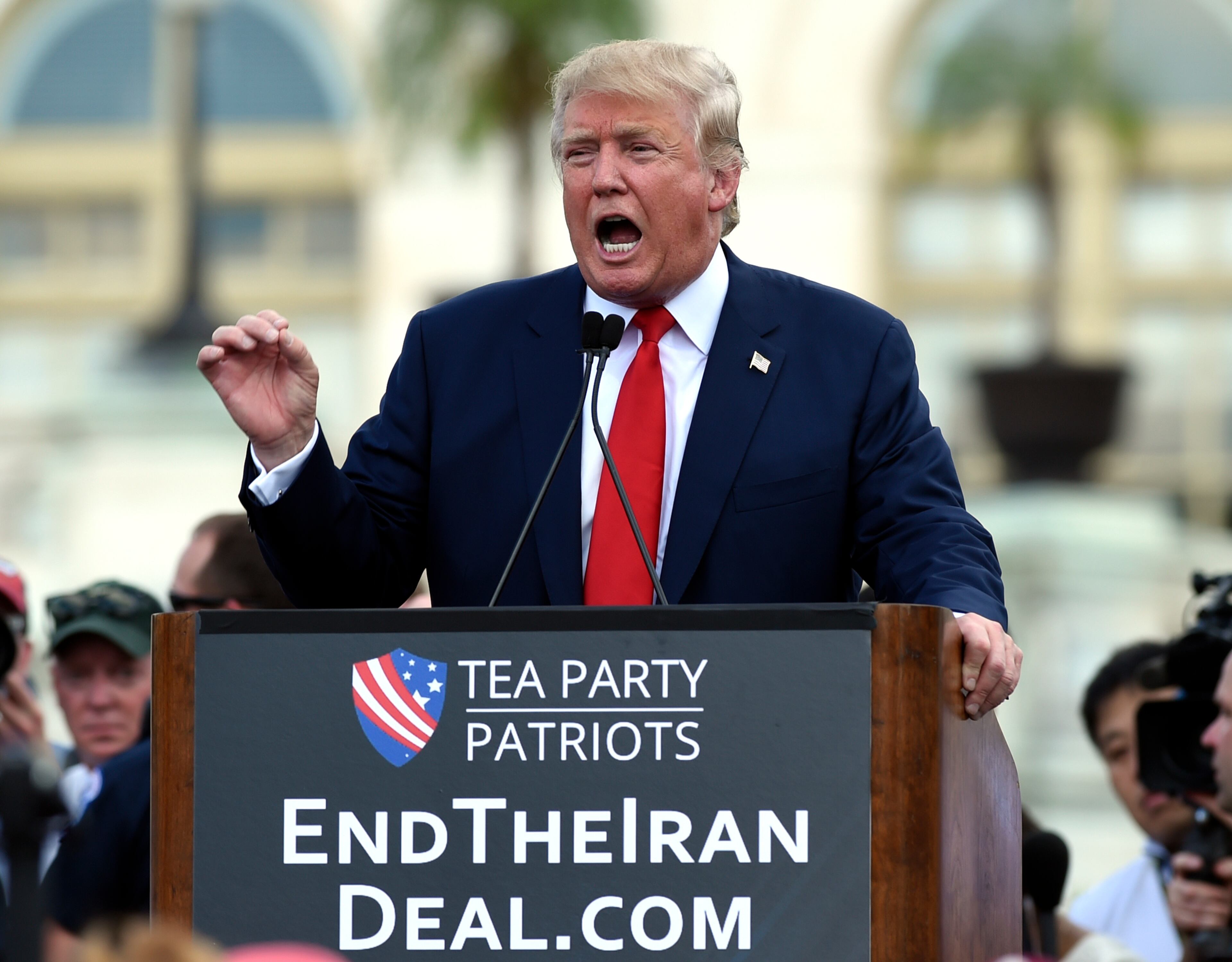 Republican Presidential candidate Donald Trump speaks during a rally opposing the Iran nuclear deal outside the Capitol in Washington, Wednesday, Sept. 9, 2015. (AP Photo/Susan Walsh)
