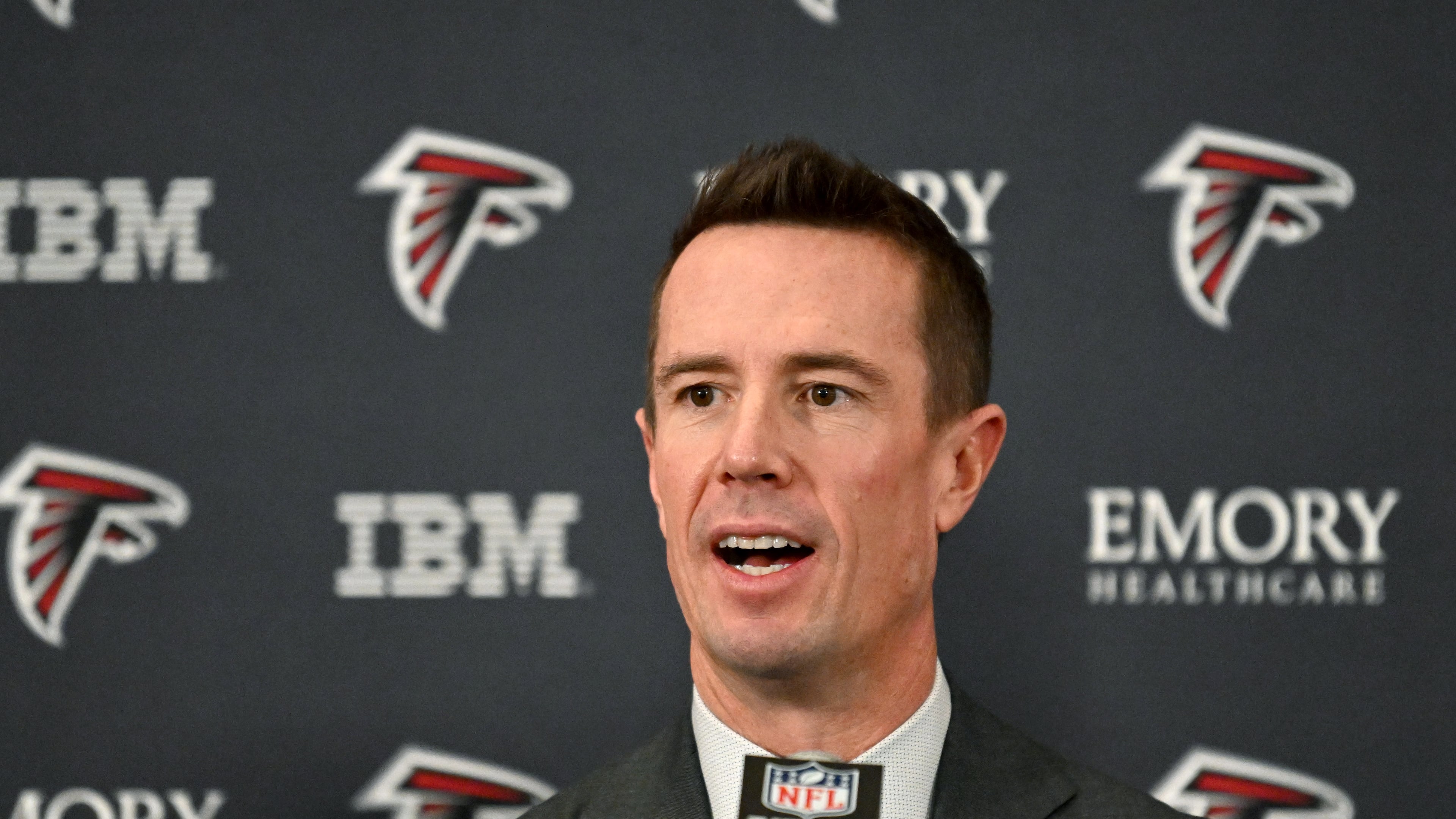 New Falcons president of football Matt Ryan said during his introductory news conference Tuesday, Jan. 13, 2026, in Flowery Branch: “I’m not trying to call plays, I’m not trying to run your offense. I’m not trying to pull a Philip Rivers and come back and play. I’m not doing any of this.” (Hyosub Shin/AJC)