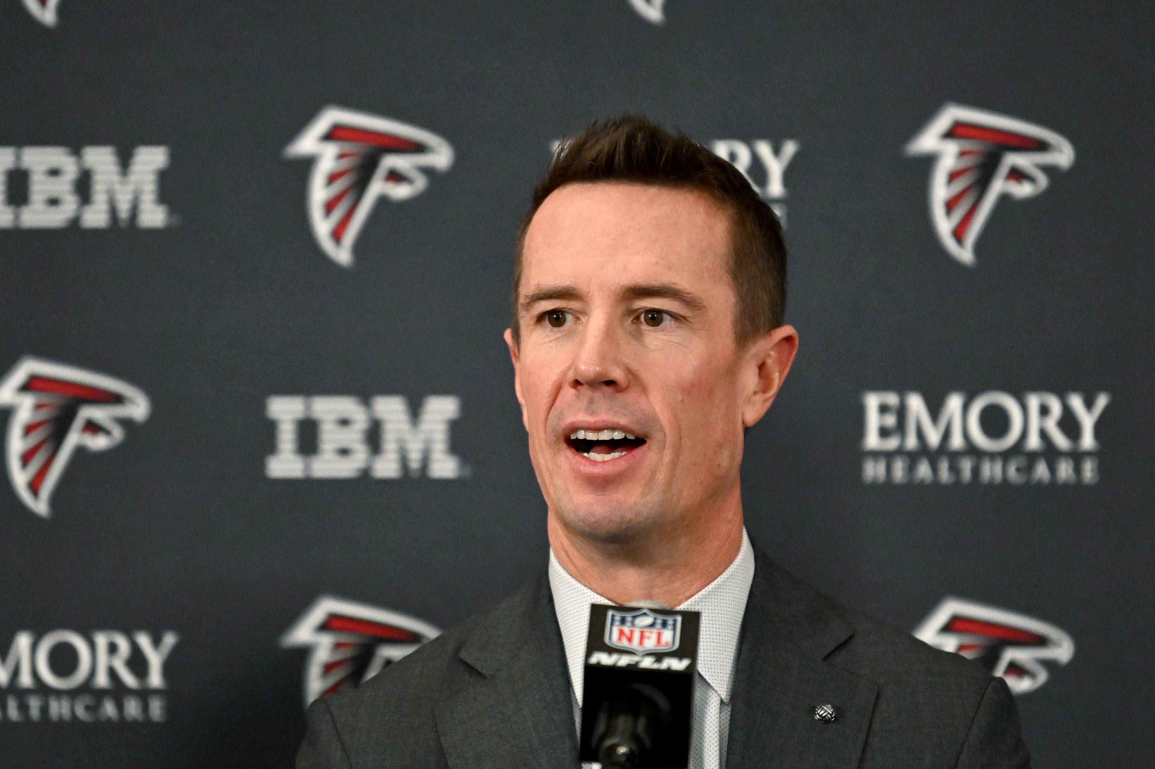 New Atlanta Falcons president of football Matt Ryan speaks to members of the press during a news conference to introduce Ryan as the Falcons' president of football, Tuesday, Jan. 13, 2026, in Flowery Branch. (Hyosub Shin/AJC)