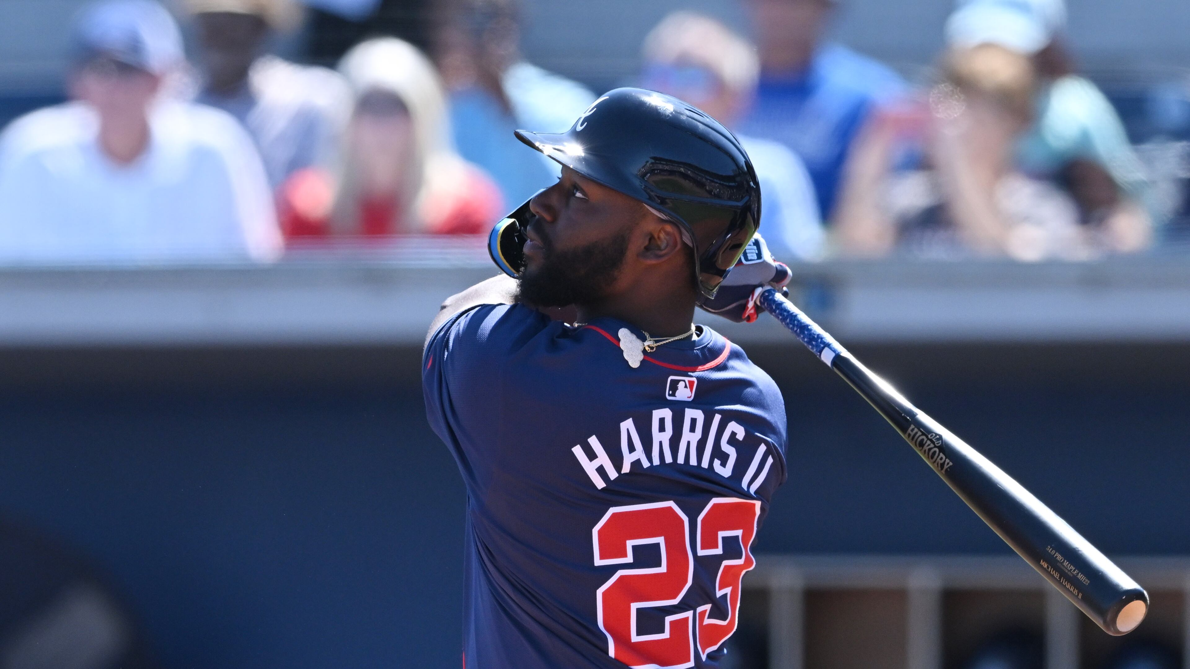 Atlanta Braves center fielder Michael Harris II (23) hits a solo home run during the first inning of a spring training baseball game at Charlotte Sports Park, Saturday, Feb. 23, 2024, in Port Charlotte, Fla. (Hyosub Shin / Hyosub.Shin@ajc.com)