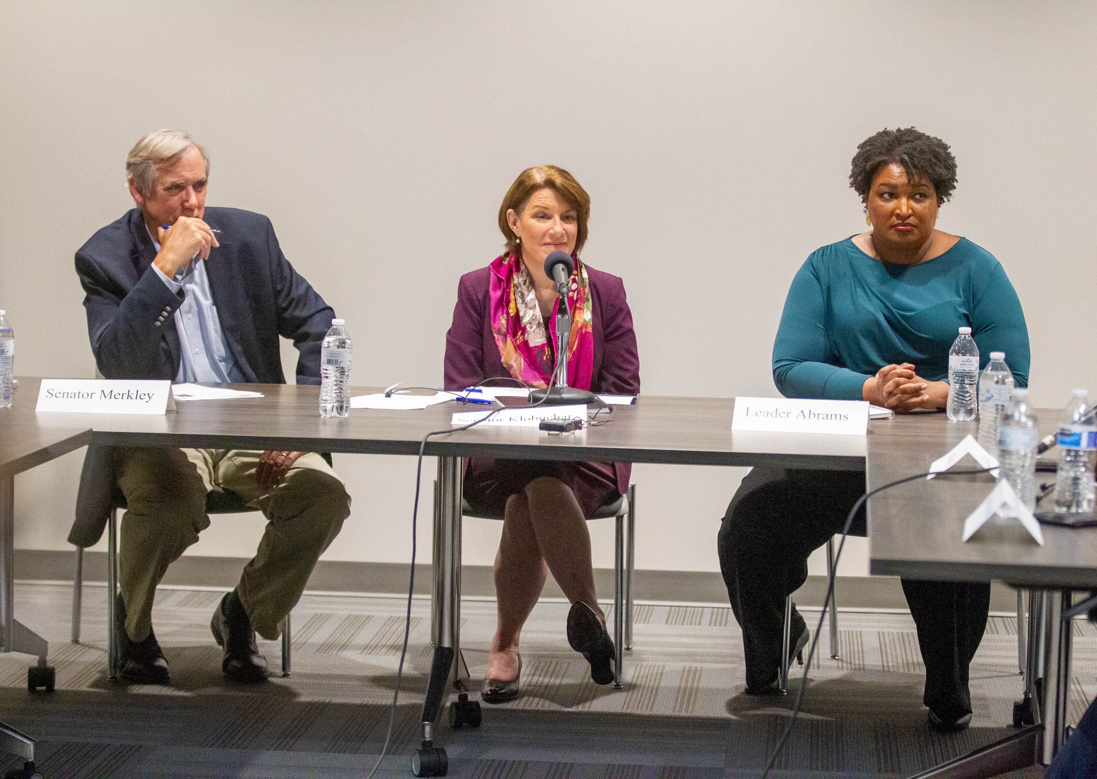 U.S. Sen. Jeff Merkley, D-Ore., (from left) U.S. Sen. Amy Klobuchar, D-Minn., and Fair Fight Action founder Stacey Abrams lead a roundtable conversation on the obstacles to voting at Smyrna Community Center on Sunday, July 18, 2021. (Photo: Steve Schaefer for The Atlanta Journal-Constitution)