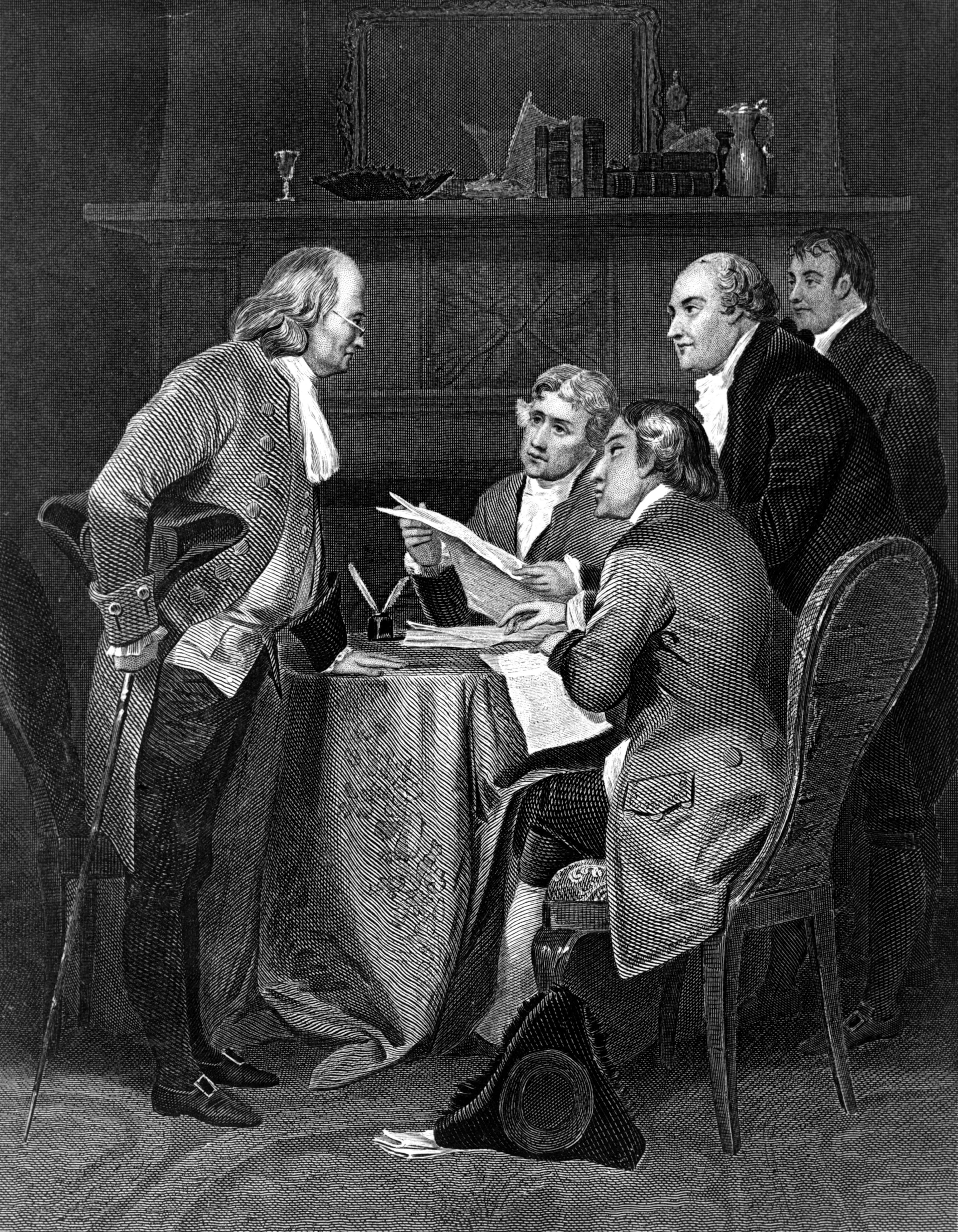 This image provided by the National Archives shows the 19th century engraving "Drafting the Declaration of Independence in 1776, 1859" by Alonzo Chappel, which depicts the committee chosen to draft a declaration of independence. The five members are, from left: Benjamin Franklin, Thomas Jefferson, John Adams, Philip Livingston and Roger Sherman. (Alonzo Chappel/National Archives via AP)