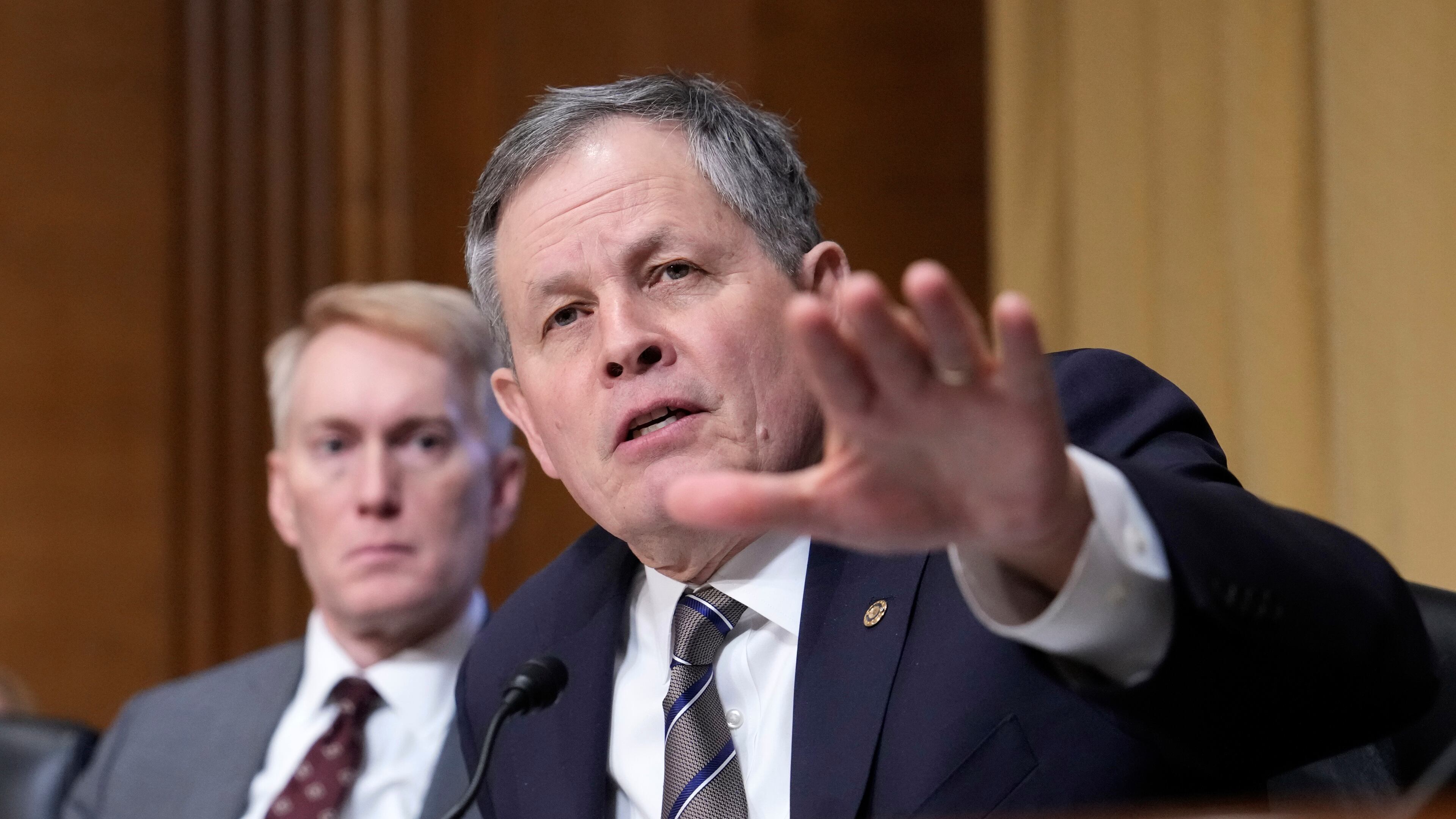 FILE - Sen. Steve Daines, R-Mont., speaks at the Senate Finance Committee confirmation hearing for Scott Bessent, President-elect Donald Trump's choice to be Secretary of the Treasury, at the Capitol in Washington, Jan. 16, 2025. (AP Photo/Ben Curtis, File)