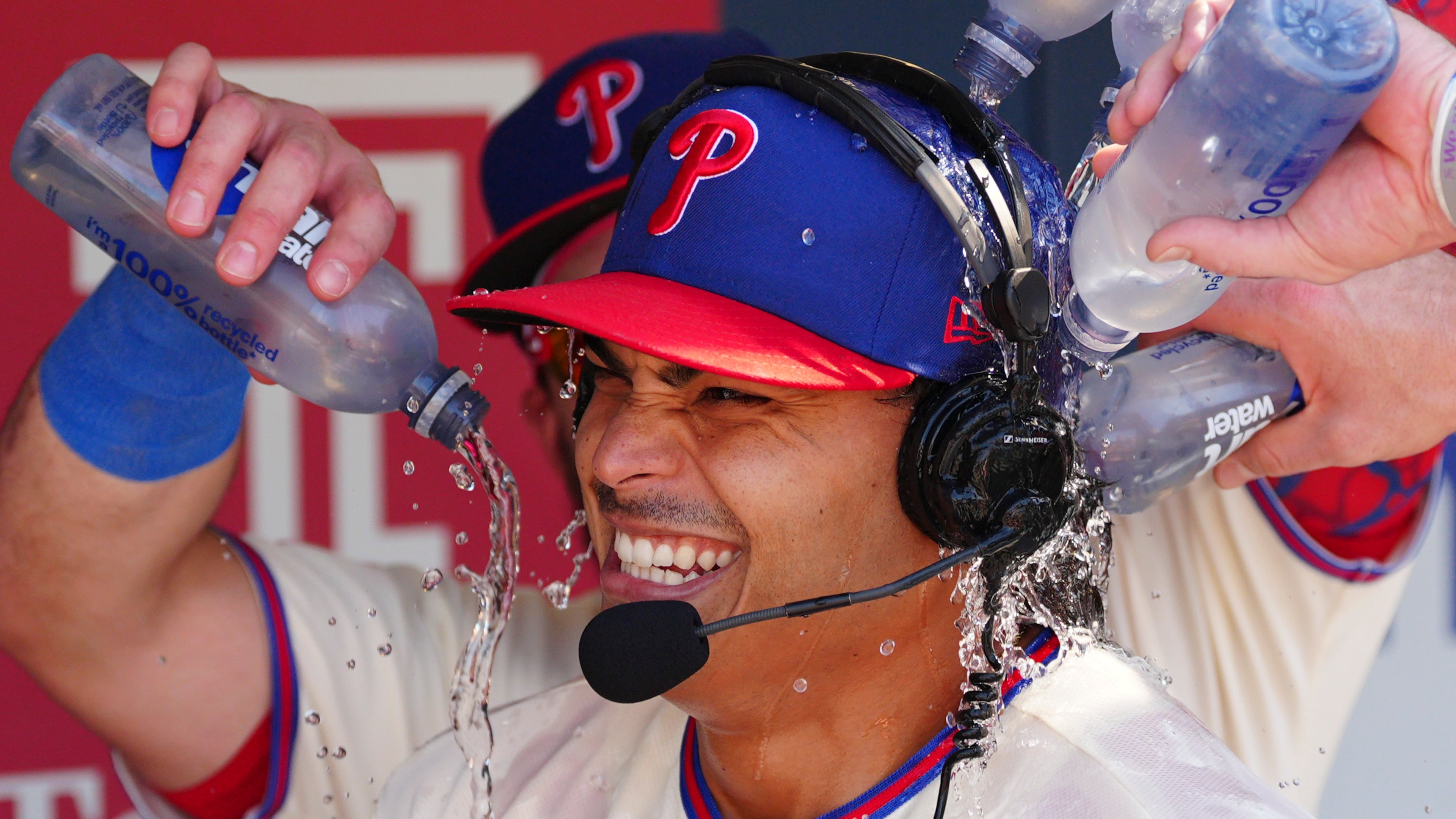 Philadelphia Phillies pitcher Jesús Luzardo is doused by teammates in the dugout after a baseball game against the Atlanta Braves, Monday, Sept. 7, 2026, in Philadelphia. (AP Photo/Derik Hamilton)