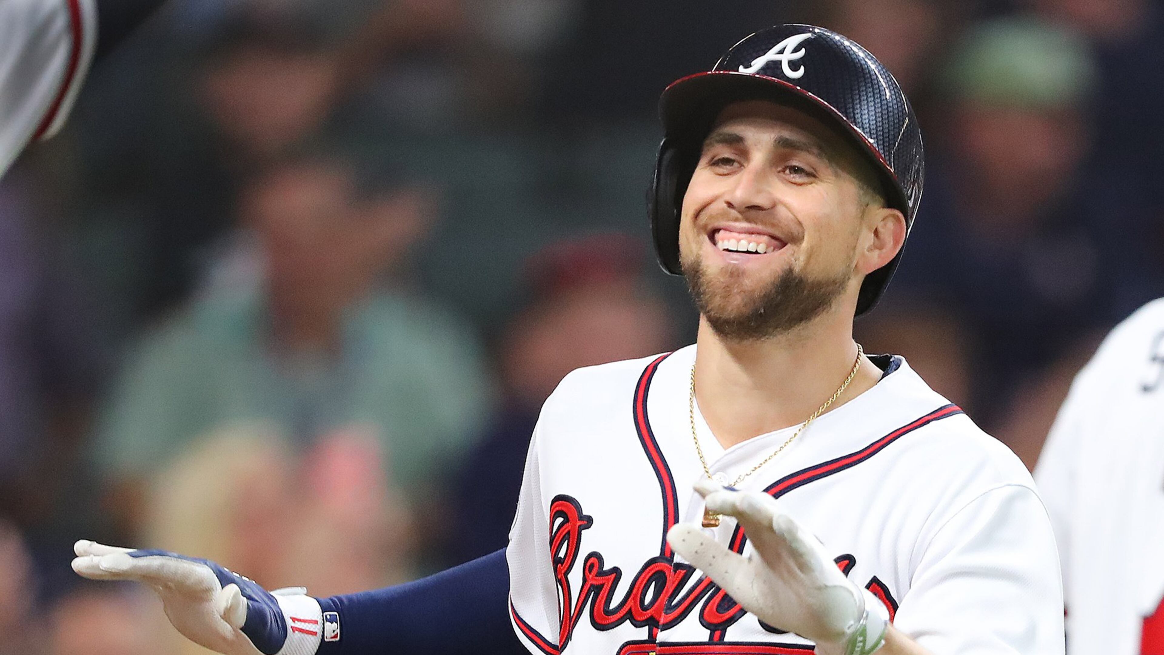 Ender Inciarte rejoices after hitting the first home run in SunTrust Park, against San Diego in April. (Curtis Compton/ccompton@ajc.com)