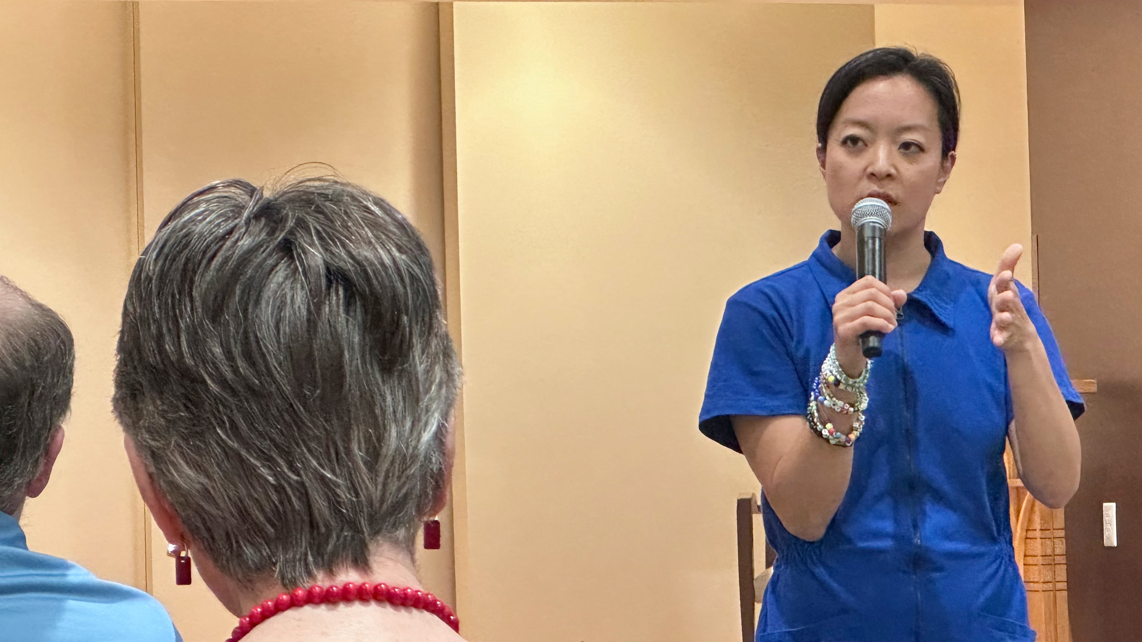 Francesca Hong, a Democratic socialist candidate for Wisconsin governor, speaks to voters at a retirement home, Tuesday, July 7, 2026, in Madison, Wis. (AP Photo/Scott Bauer)