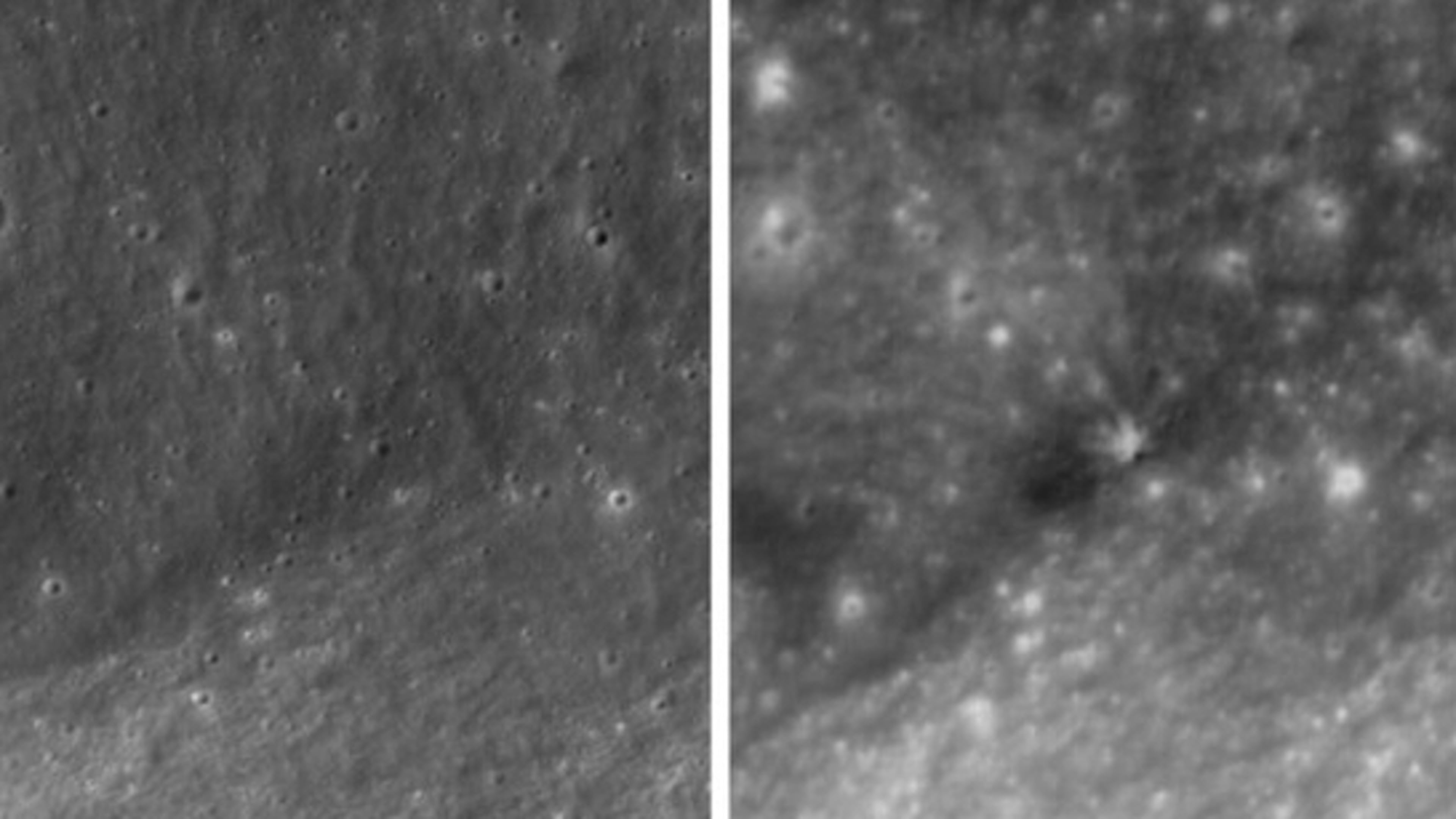 This combination of images provided by NASA and the Korea Aerospace Research Institute shows an area of the moon's surface before, left, Oct. 1, 2015, and after, right, Wednesday, Aug. 5, 2026, a SpaceX rocket segment collided with the moon. (NASA, Korea Aerospace Research Institute via AP)