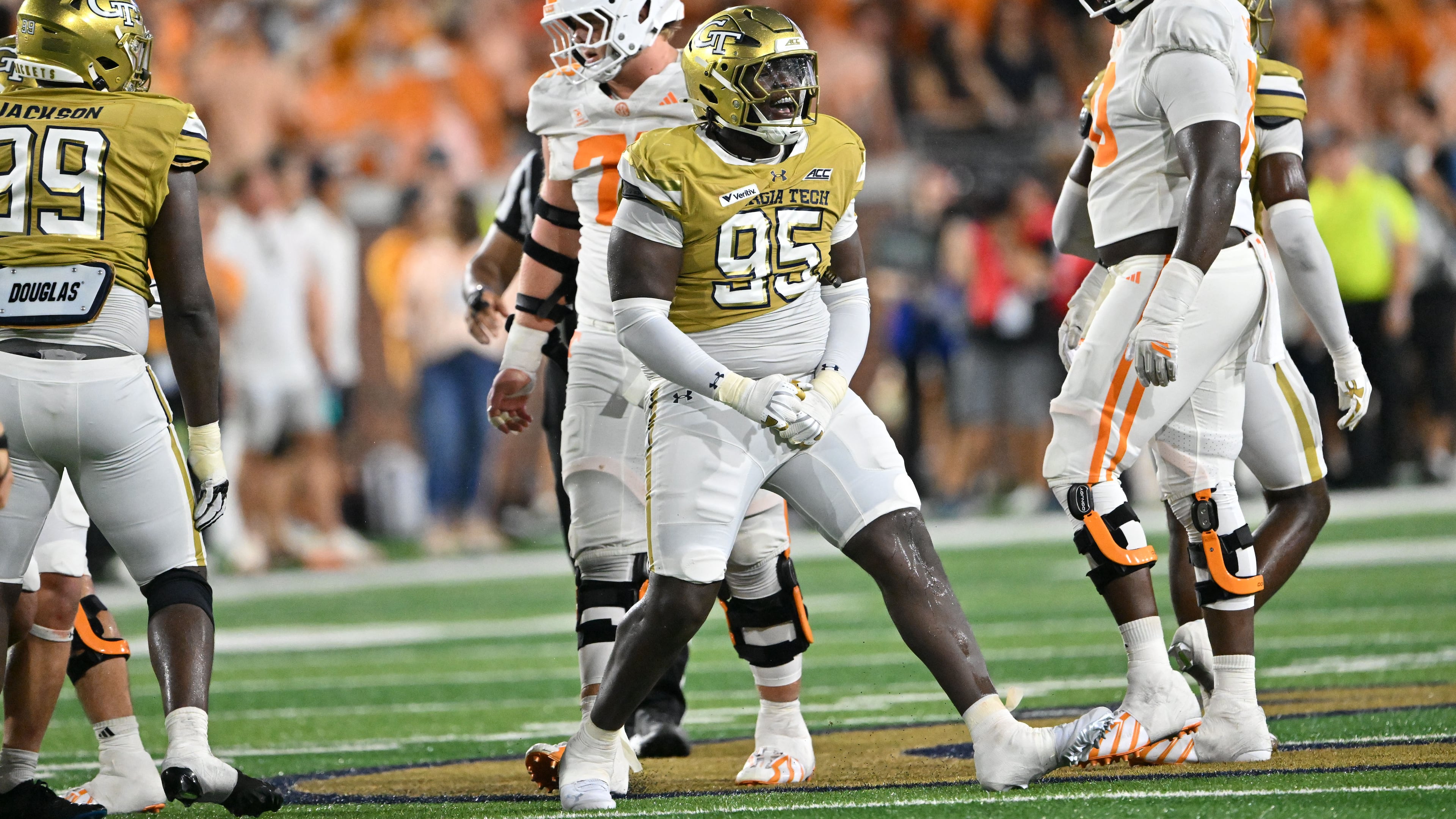 Georgia Tech defensive lineman Tawfiq Thomas (center) reacts during the second half in an NCAA college football game at Bobby Dodd Stadium on Saturday, Sept. 12, 2026, in Atlanta. Tennessee defeated Georgia Tech 45-24. (Hyosub Shin/AJC)