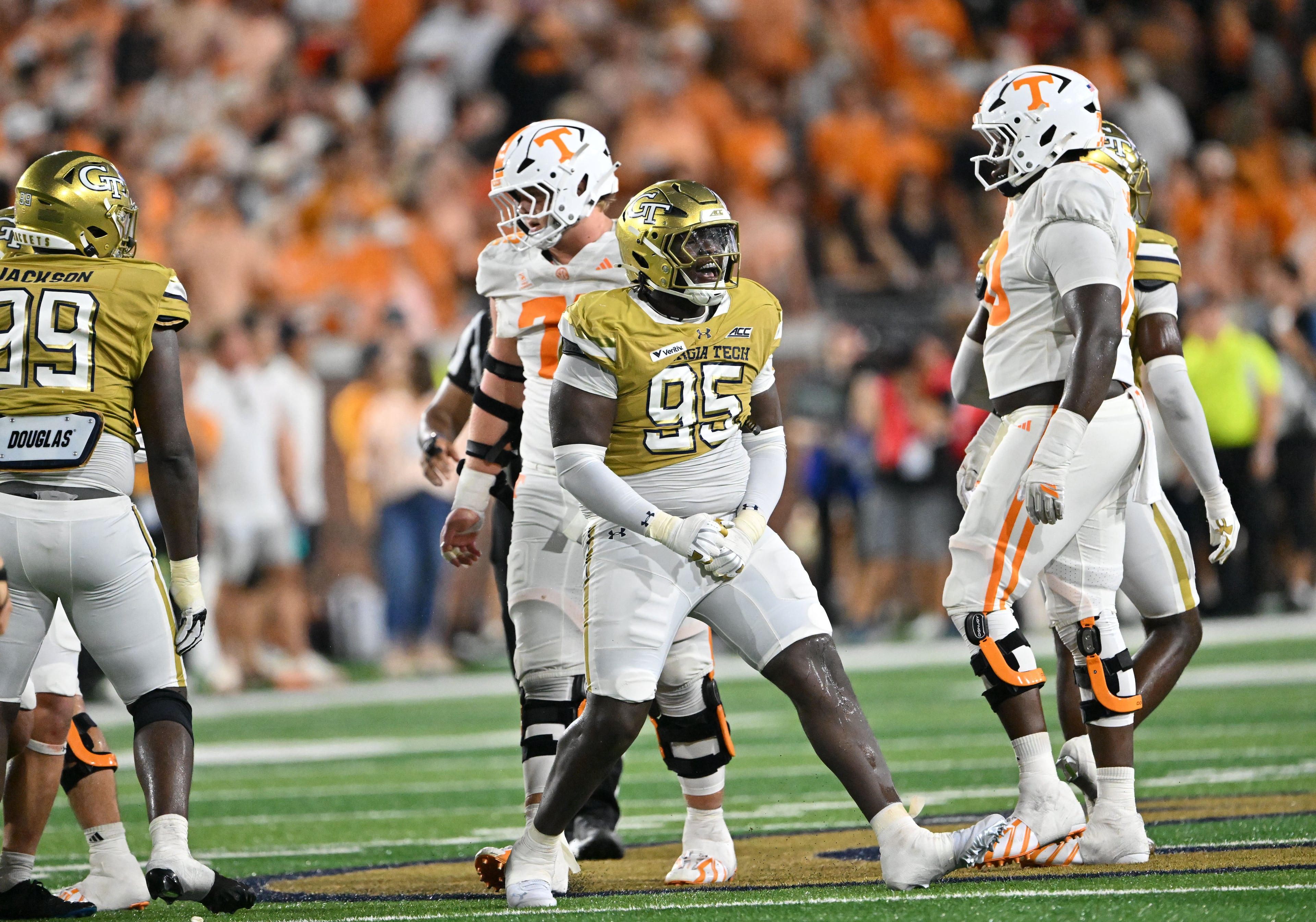Georgia Tech defensive lineman Tawfiq Thomas (95) reacts during the second half in an NCAA college football game at Bobby Dodd Stadium on Saturday, Sept. 12, 2026, in Atlanta. Tennessee defeated Georgia Tech 45-24. (Hyosub Shin/AJC)