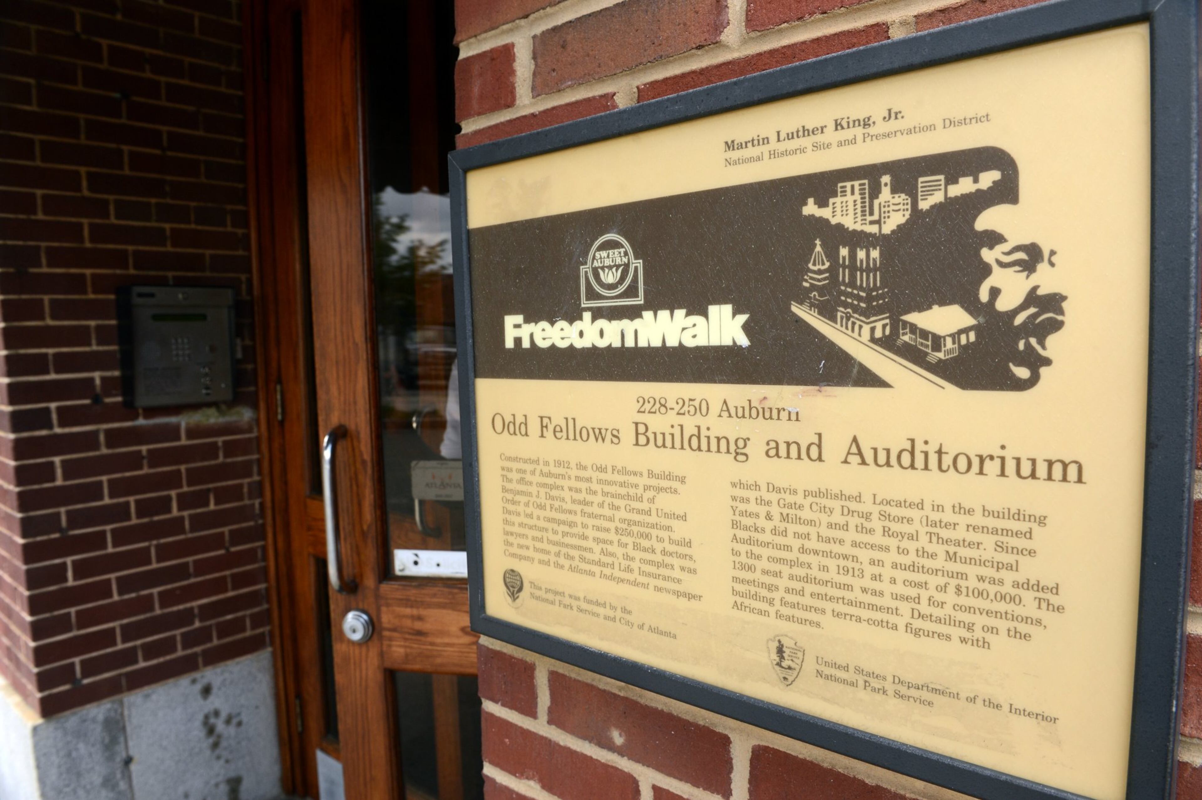 A historic marker outside the Odd Fellows Building on Auburn Avenue in Atlanta.