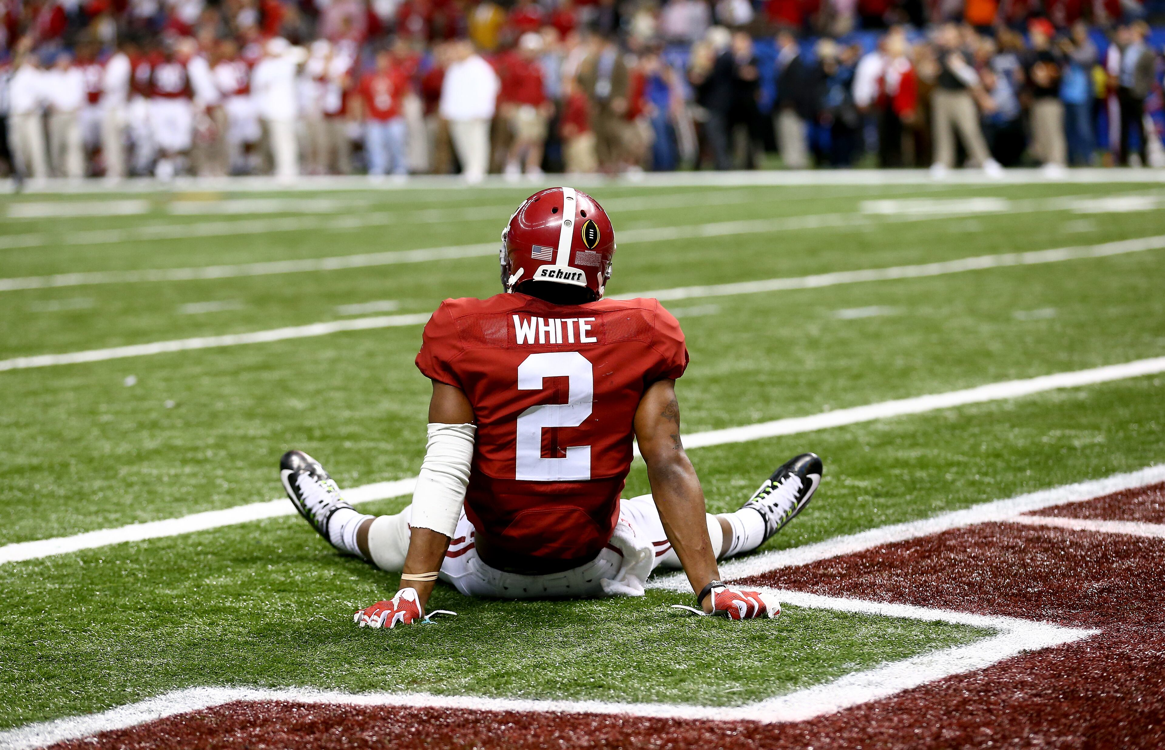 DeAndrew White #2 of the Alabama Crimson Tide lays in the end zone after an interception in the fourth quarter by Tyvis Powell #23 of the Ohio State Buckeyes during the All State Sugar Bowl at the Mercedes-Benz Superdome on January 1, 2015 in New Orleans, Louisiana. (Photo by Streeter Lecka/Getty Images)