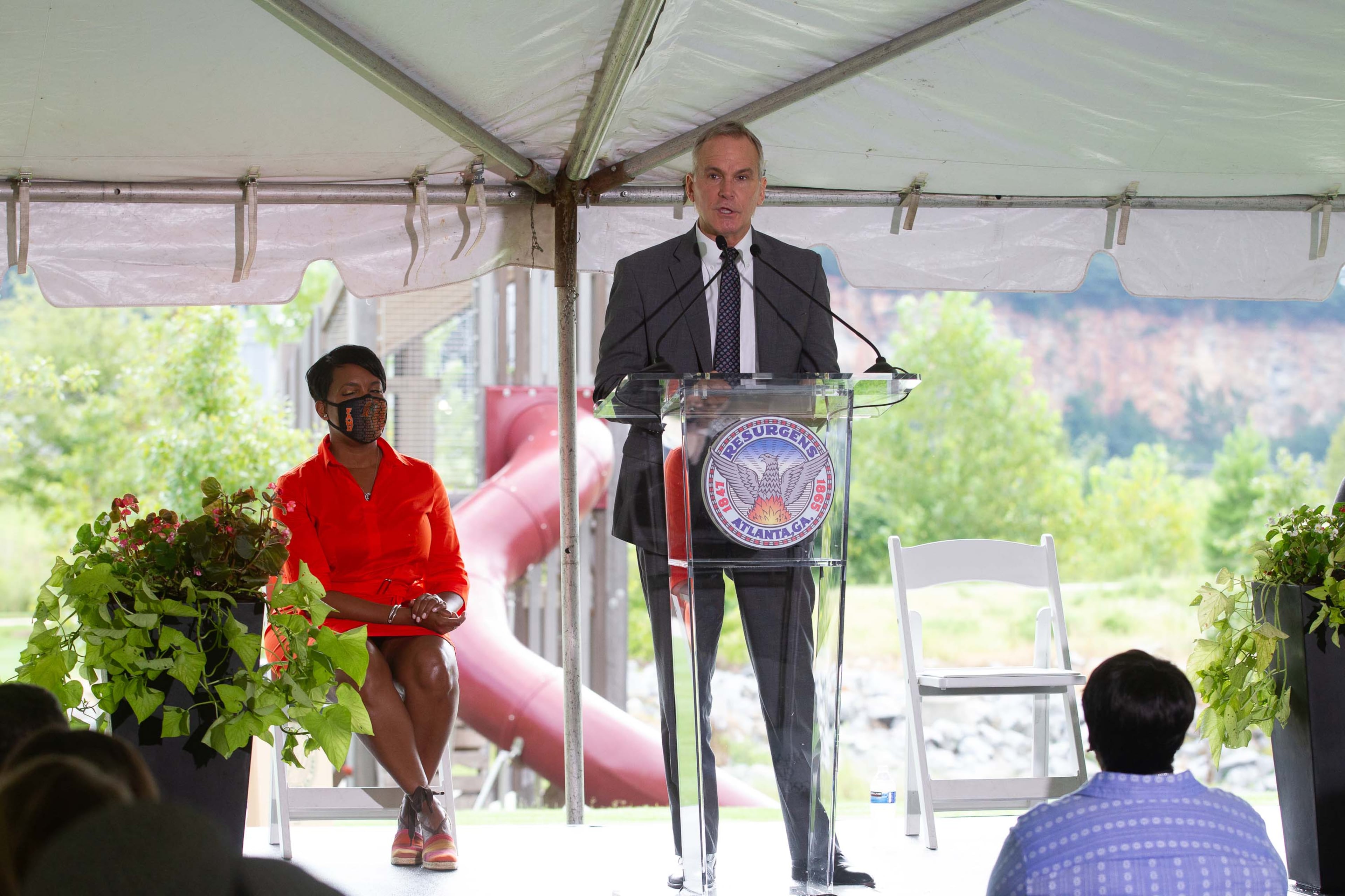 City of Atlanta Department of Parks and Recreation Commissioner John Dargle Jr. talks to the people that gathered for the ribbon-cutting during the public opening of Atlanta's largest planned greenspace, the Westside Park, Friday, August 20, 2021.STEVE SCHAEFER FOR THE ATLANTA JOURNAL-CONSTITUTION