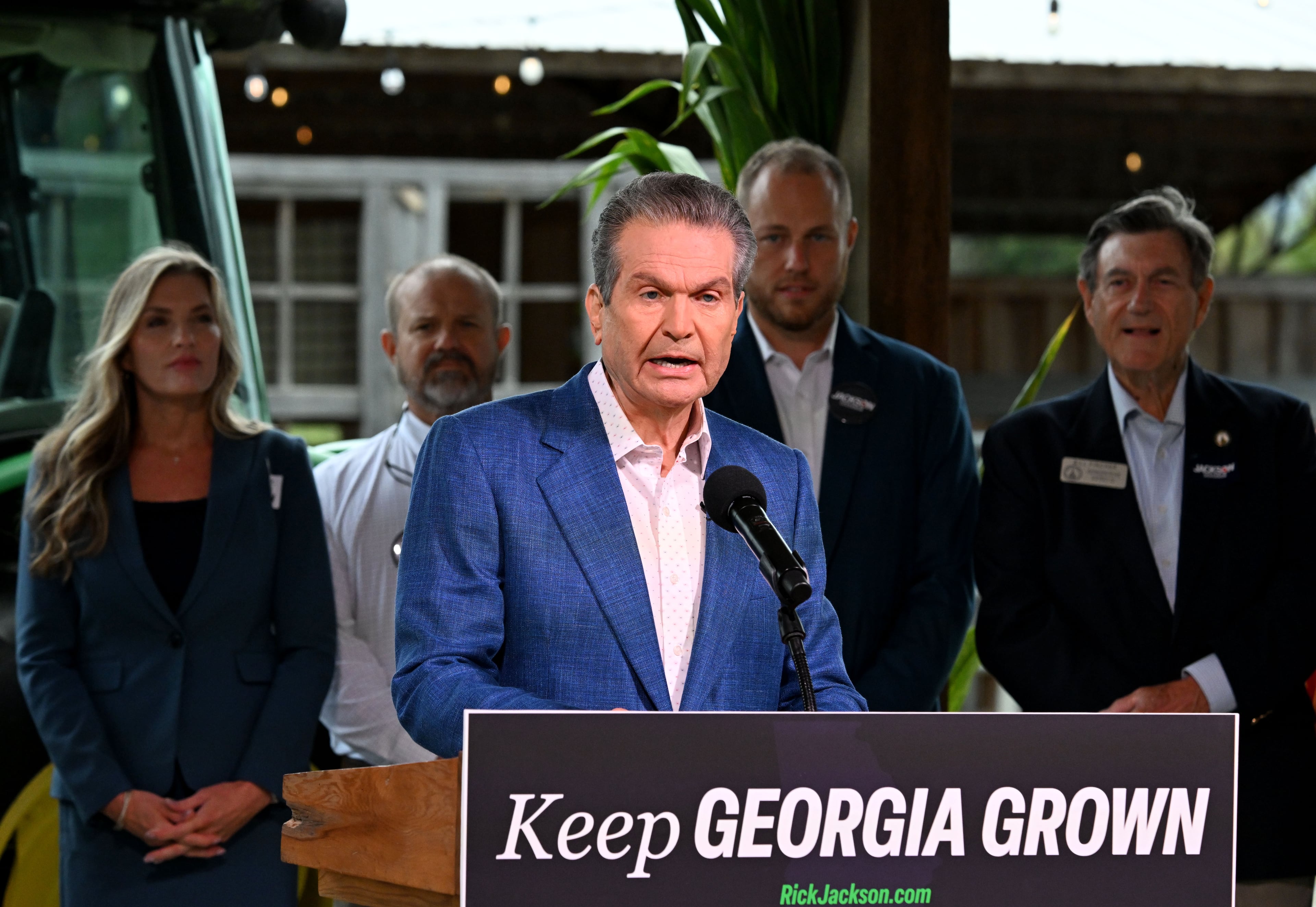 Republican nominee for governor Rick Jackson speaks to reporters in Canton last week. (Hyosub Shin/AJC)
