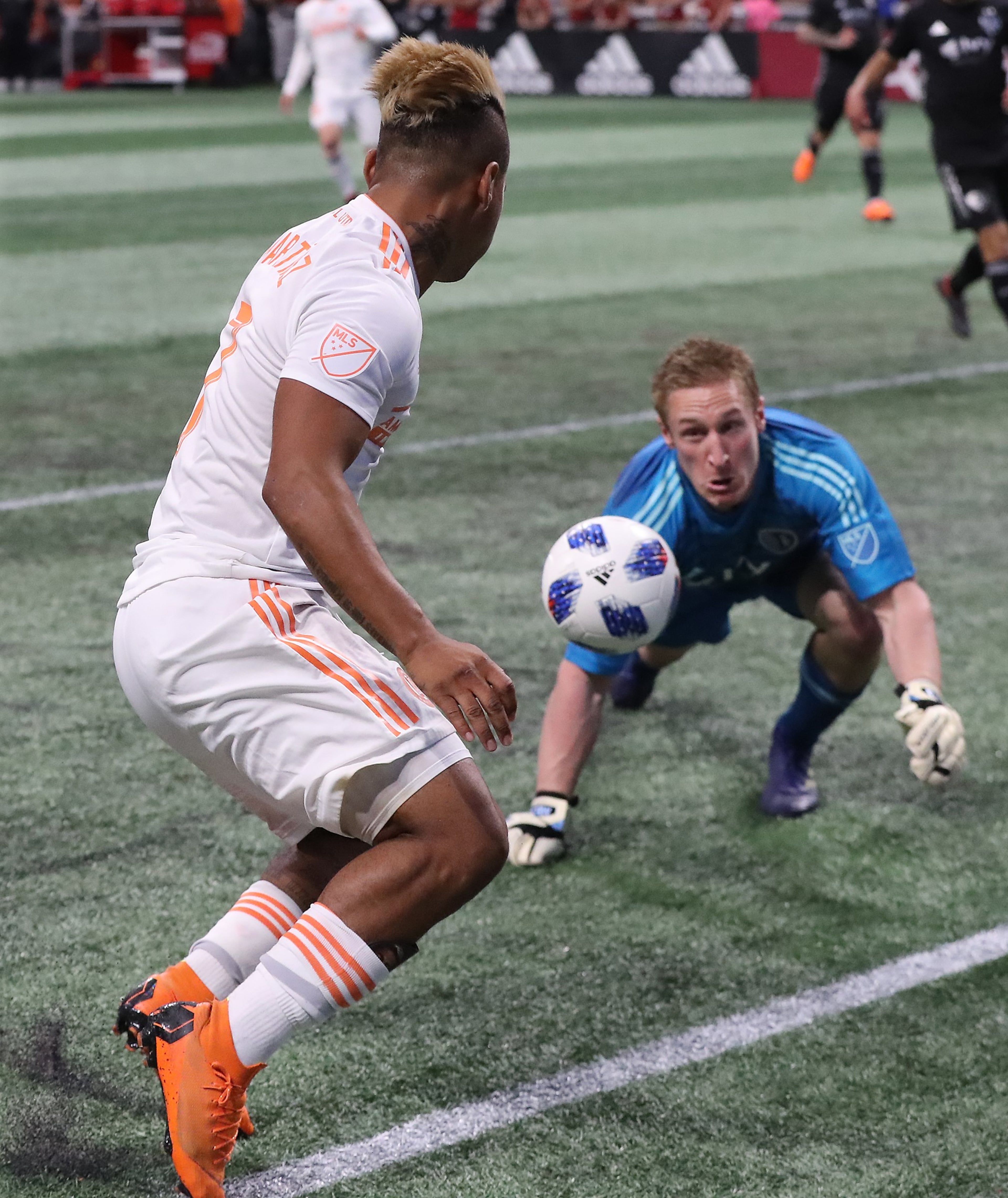 May 9, 2018 Atlanta: Sporting Kansas City goalkeeper Adrian Zendejas blocks a shot by Atlanta United forward Josef Martinez during the first half in a MLS soccer match on Wednesday, May 9, 2018, in Atlanta. Curtis Compton/ccompton@ajc.com