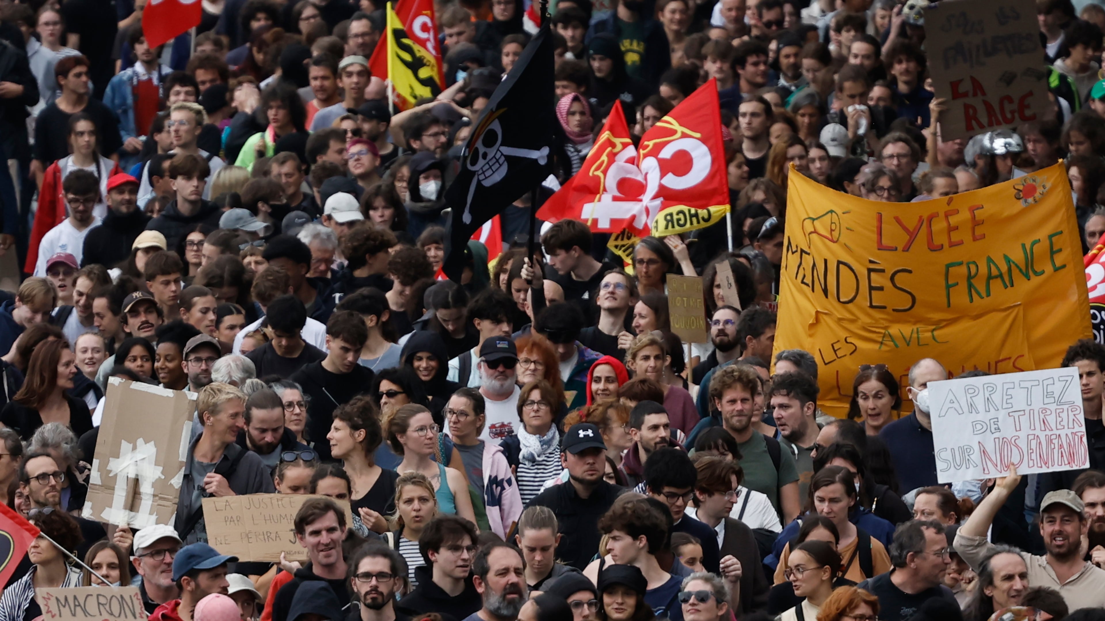 Students march to protest against under-resourced schools in Rennes, France, Tuesday, Oct. 13, 2026. (AP Photo/Jeremias Gonzalez)
