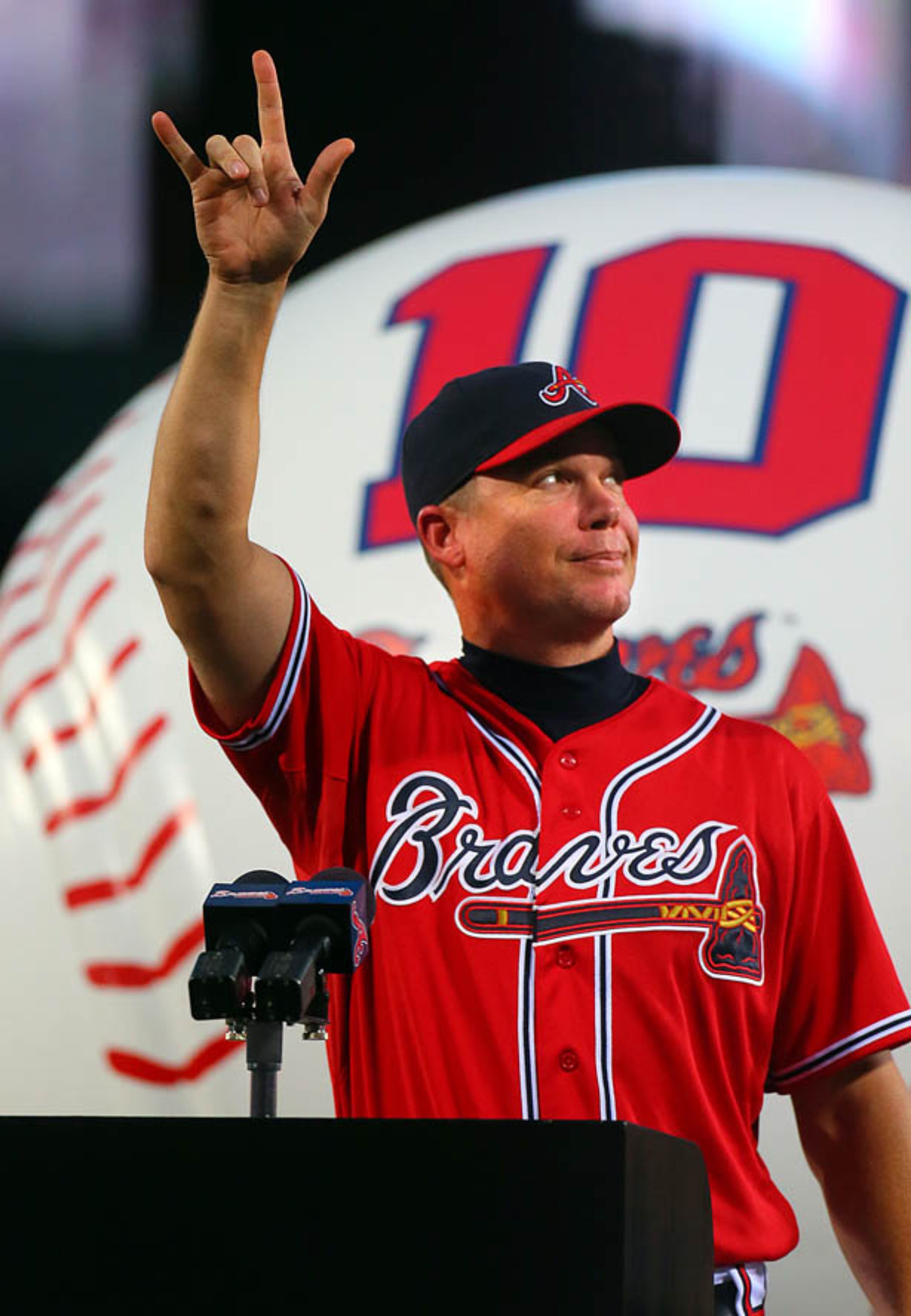 Chipper Jones thanks Braves fans after his team tribute Friday at Turner Field. The team presented the retiring third baseman with gifts and accolades before the start of their final homestand of the regular season.