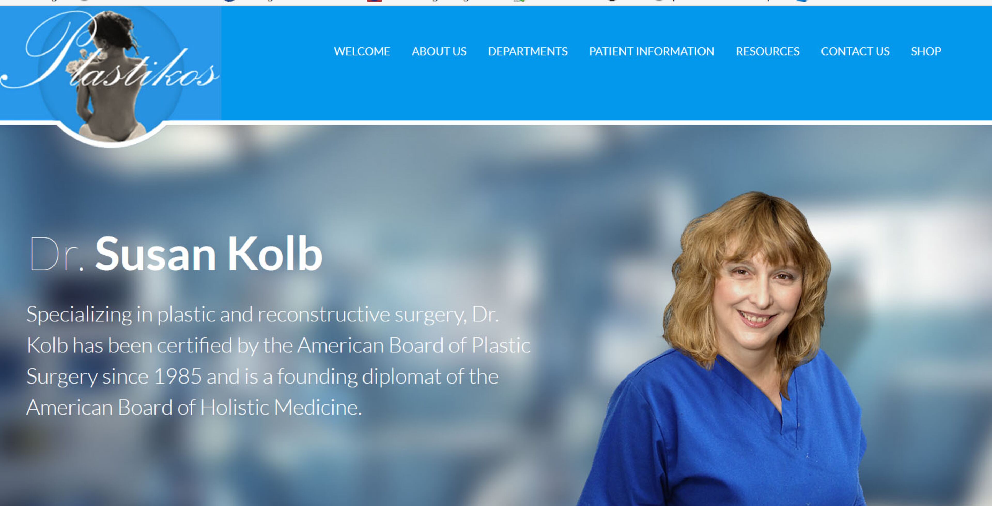 The website for Plastikos shows Dr. Susan Kolb