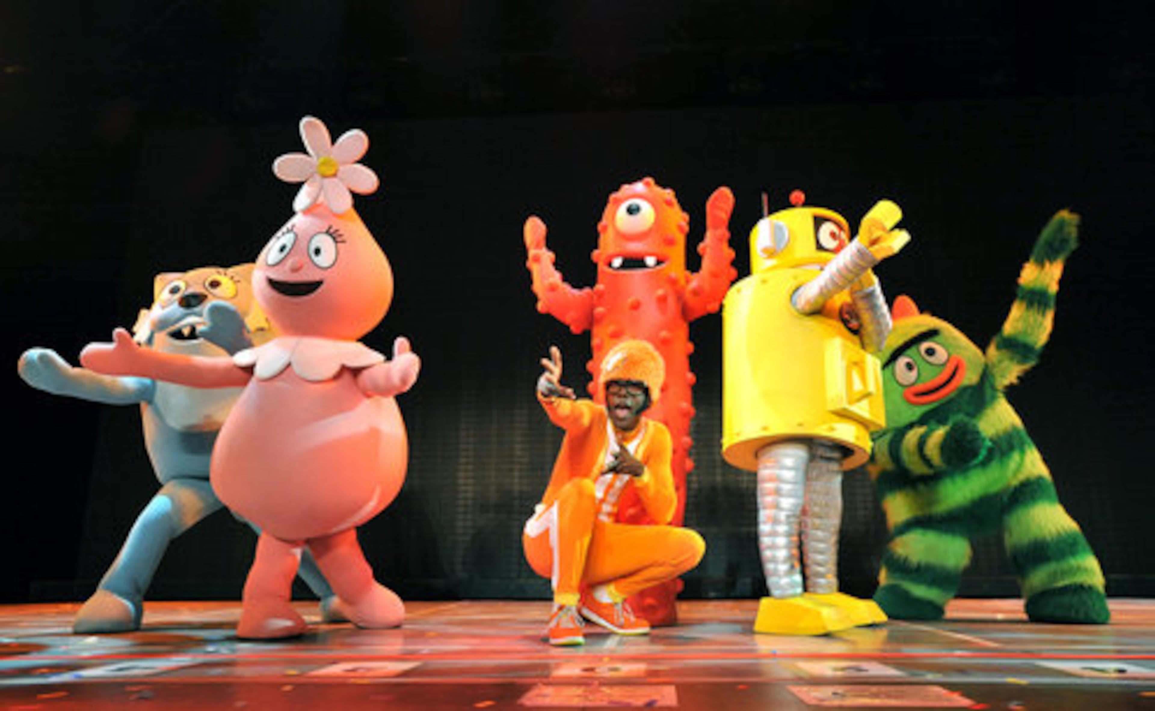 DJ Lance Rock (center) and the Gabba Gang characters from the Nick Jr. show.