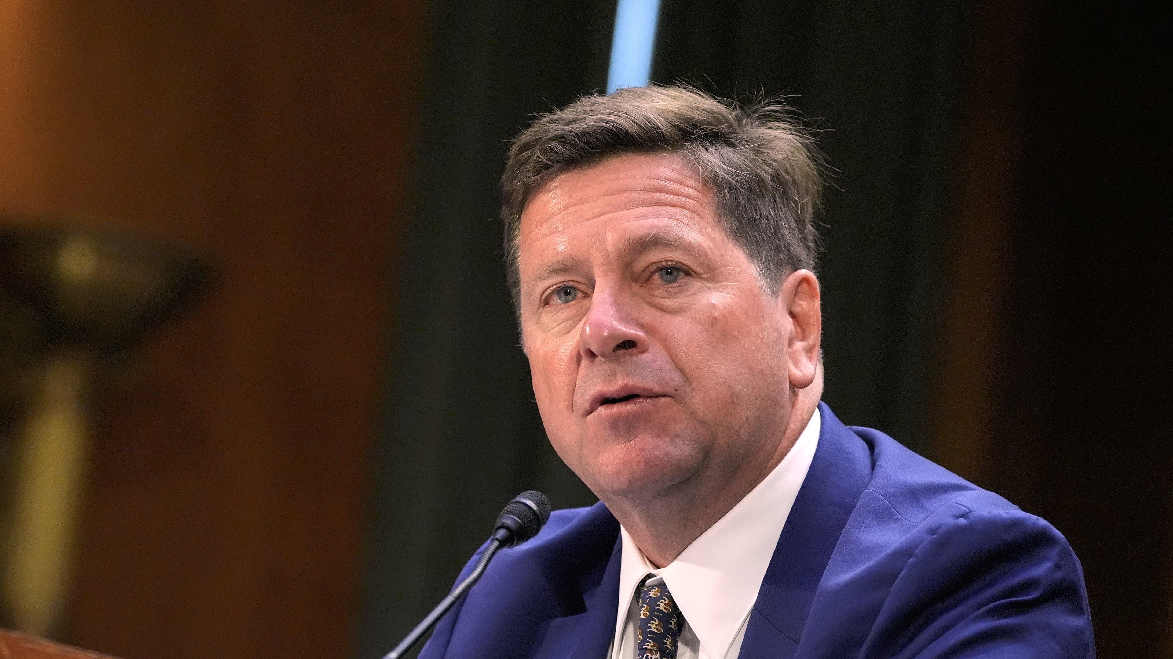 FILE - Jay Clayton testifies during a Senate Intelligence Committee confirmation hearing on Capitol Hill, July 15, 2026, in Washington. (AP Photo/Mariam Zuhaib, file)