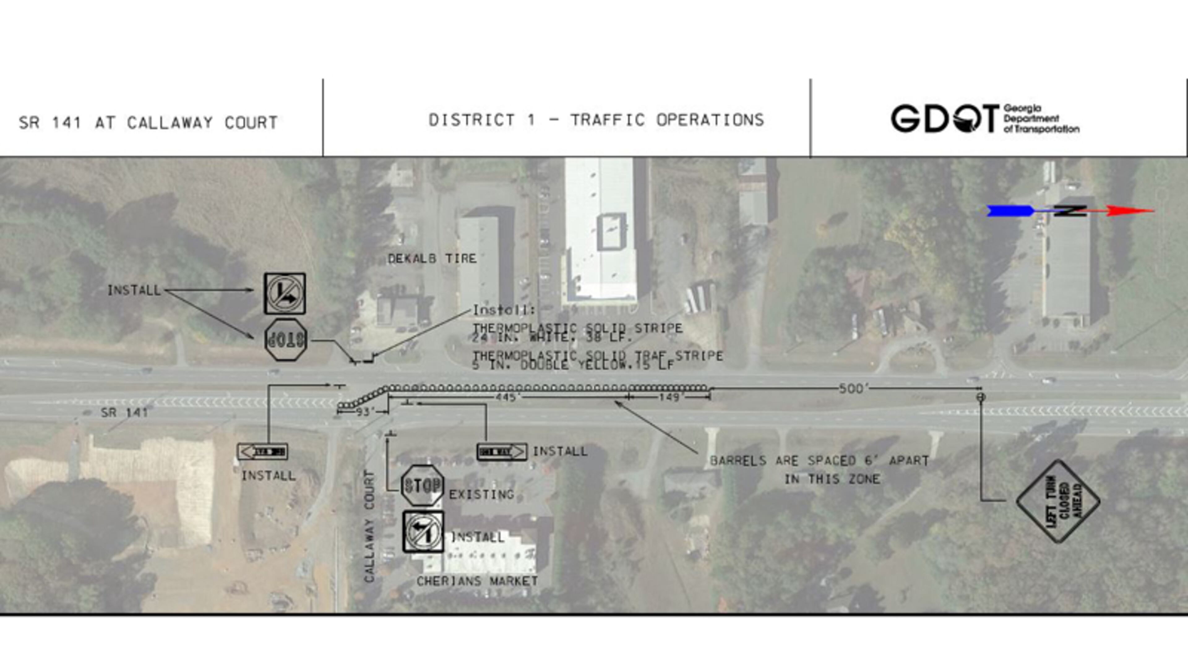 Map shows how left-turns will be temporarily blocked at Ga. 141 and Callaway Court in south Forsyth County. GEORGIA DEPARTMENT OF TRANSPORTATION