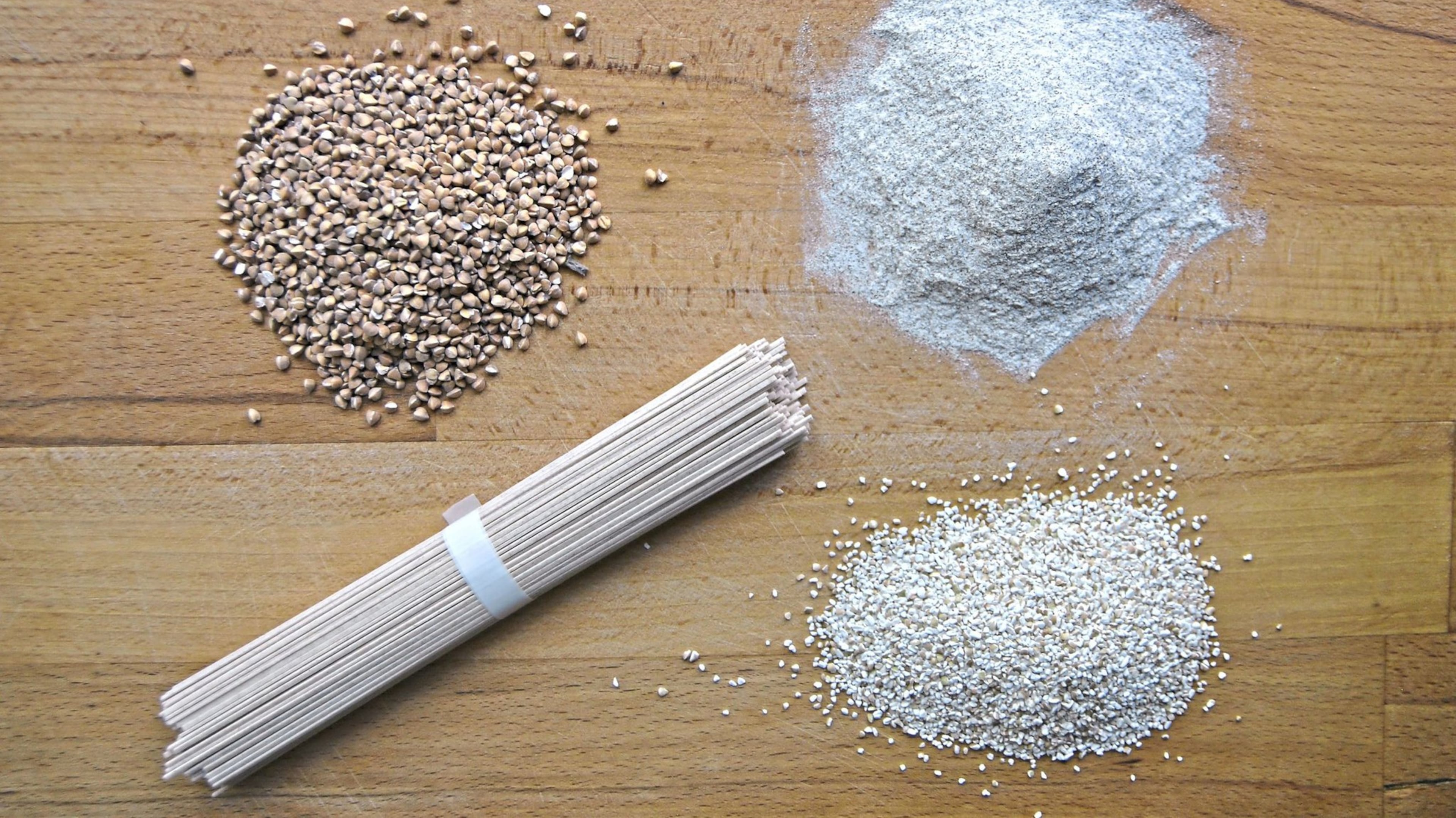 Buckwheat in all its forms. Clockwise from top left: Kasha (toasted buckwheat groats), buckwheat flour, cream of buckwheat, soba (buckwheat) noodles. (Gretchen McKay/Pittsburgh Post-Gazette/TNS)