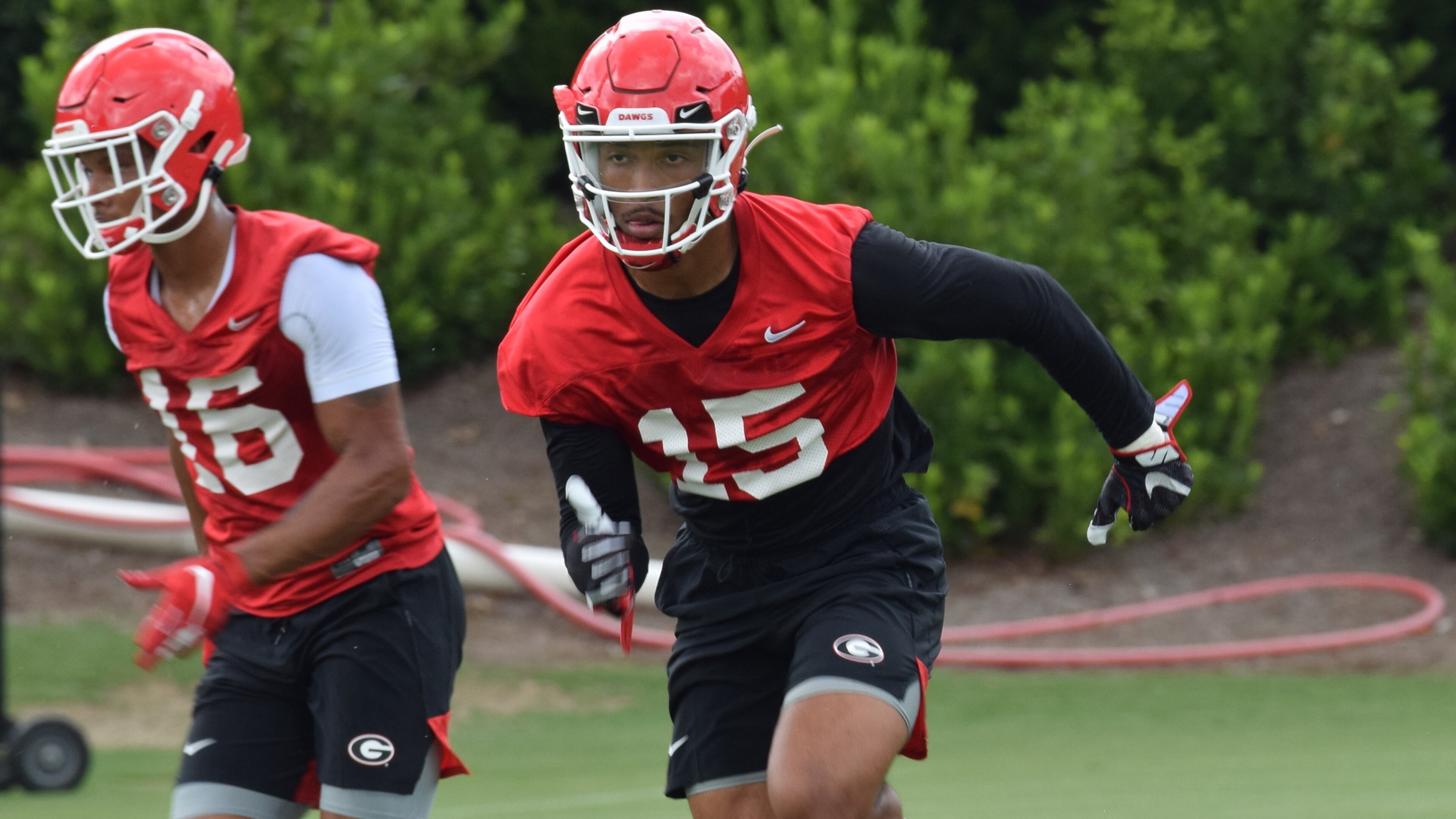Georgia receiver Lawrence Cager (15) runs a drill during the Bulldogs' practice Friday, Aug., 2, 2019, on the Woodruff Practice Fields in Athens.