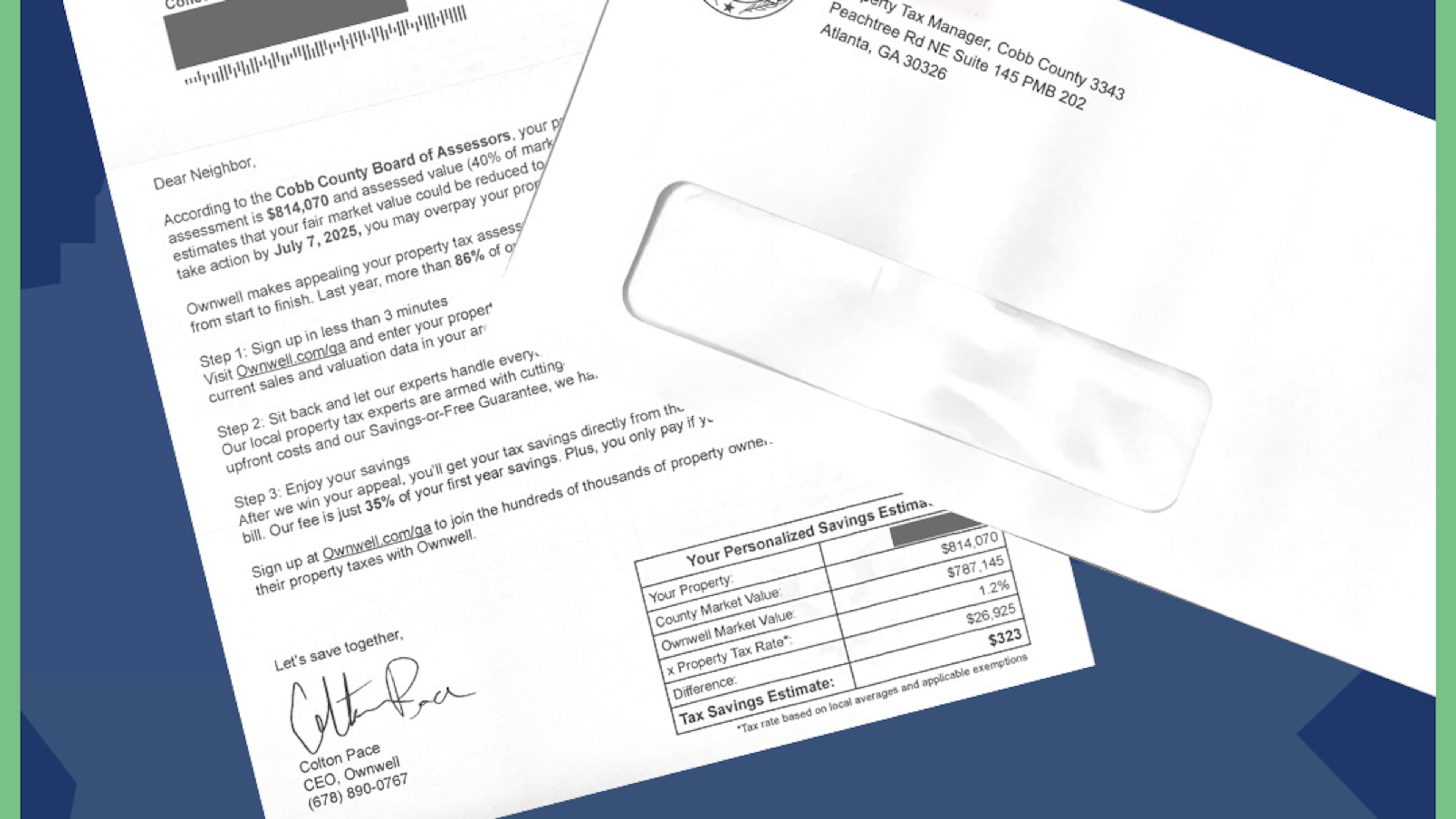 Ownwell sent mailers to Georgia residents offering assistance with appealing property taxes. () (photo illustration / image Courtesy Cobb County Tax Commissioner)