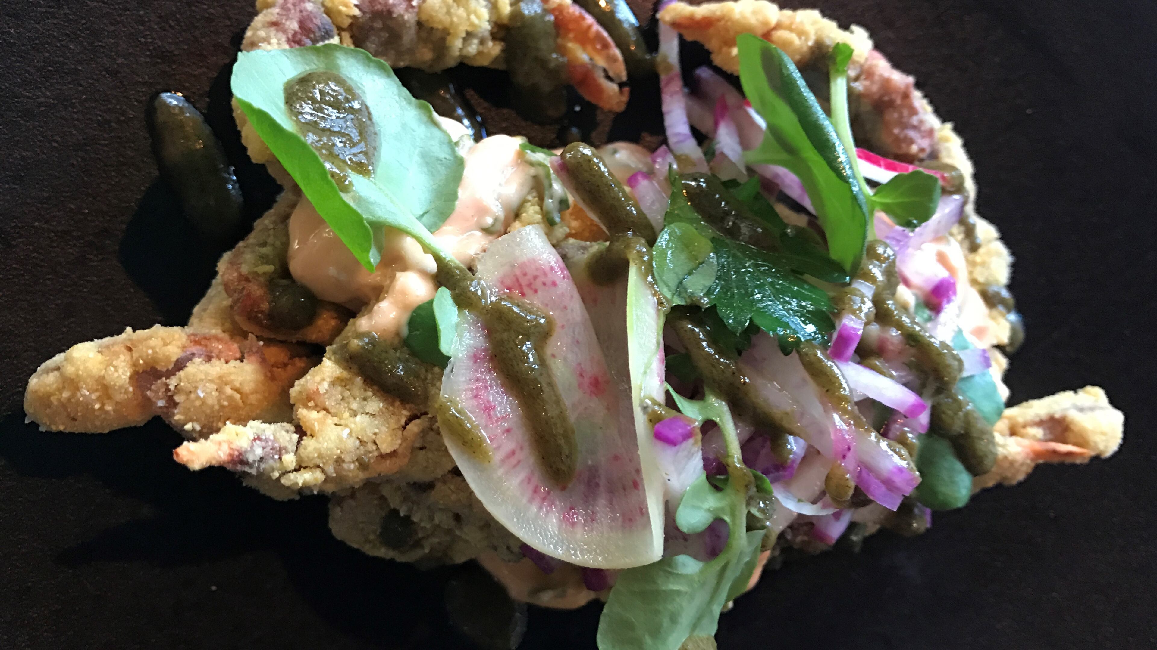 First-run soft-shell crab is on the menu right now at Restaurant Eugene