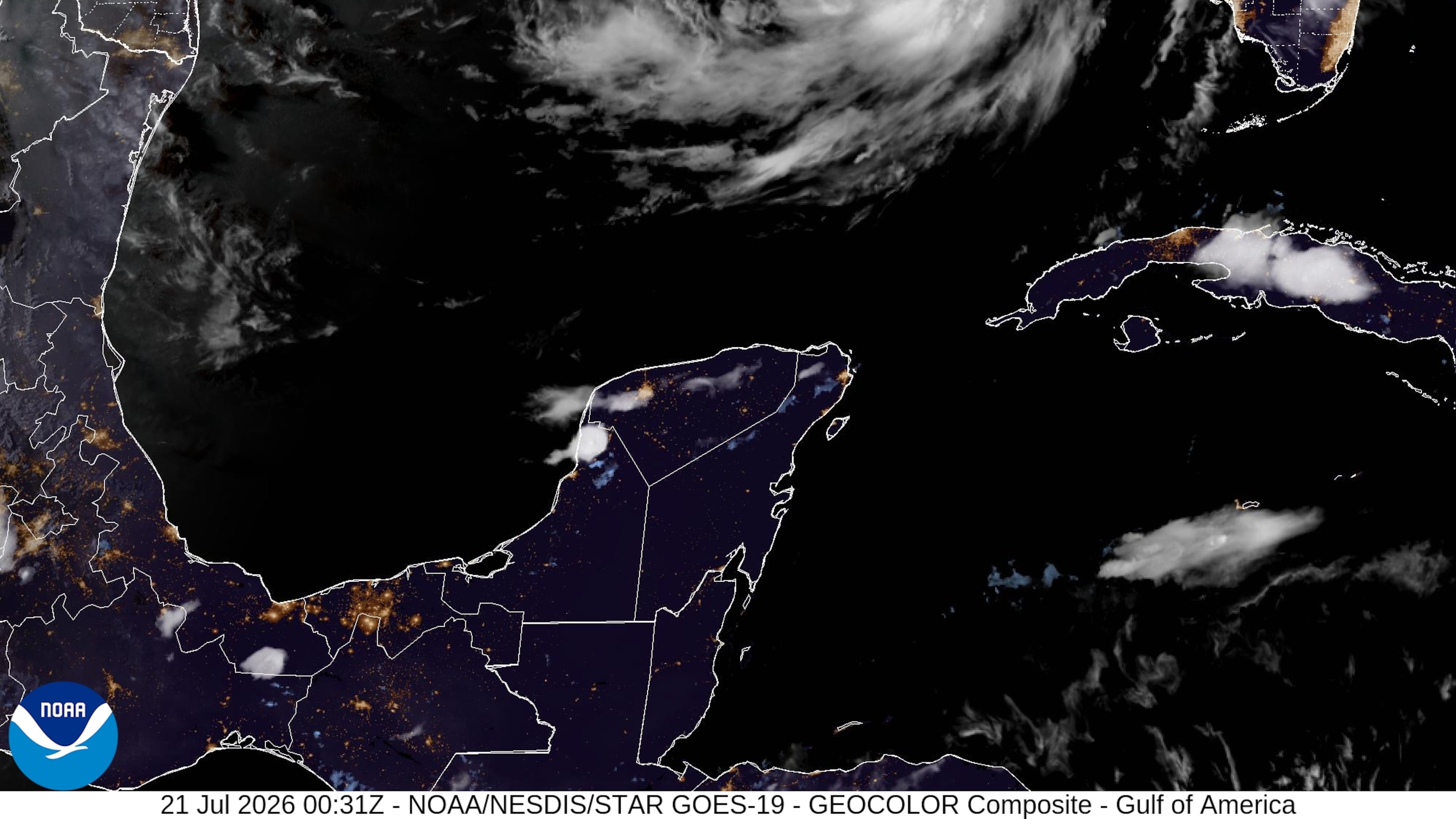 This satellite image from the National Oceanic and Atmospheric Administration taken at 7:31pm EDT shows Tropical Storm Bertha in the Gulf of Mexico on Monday, July 21, 2026. (NOAA via AP)