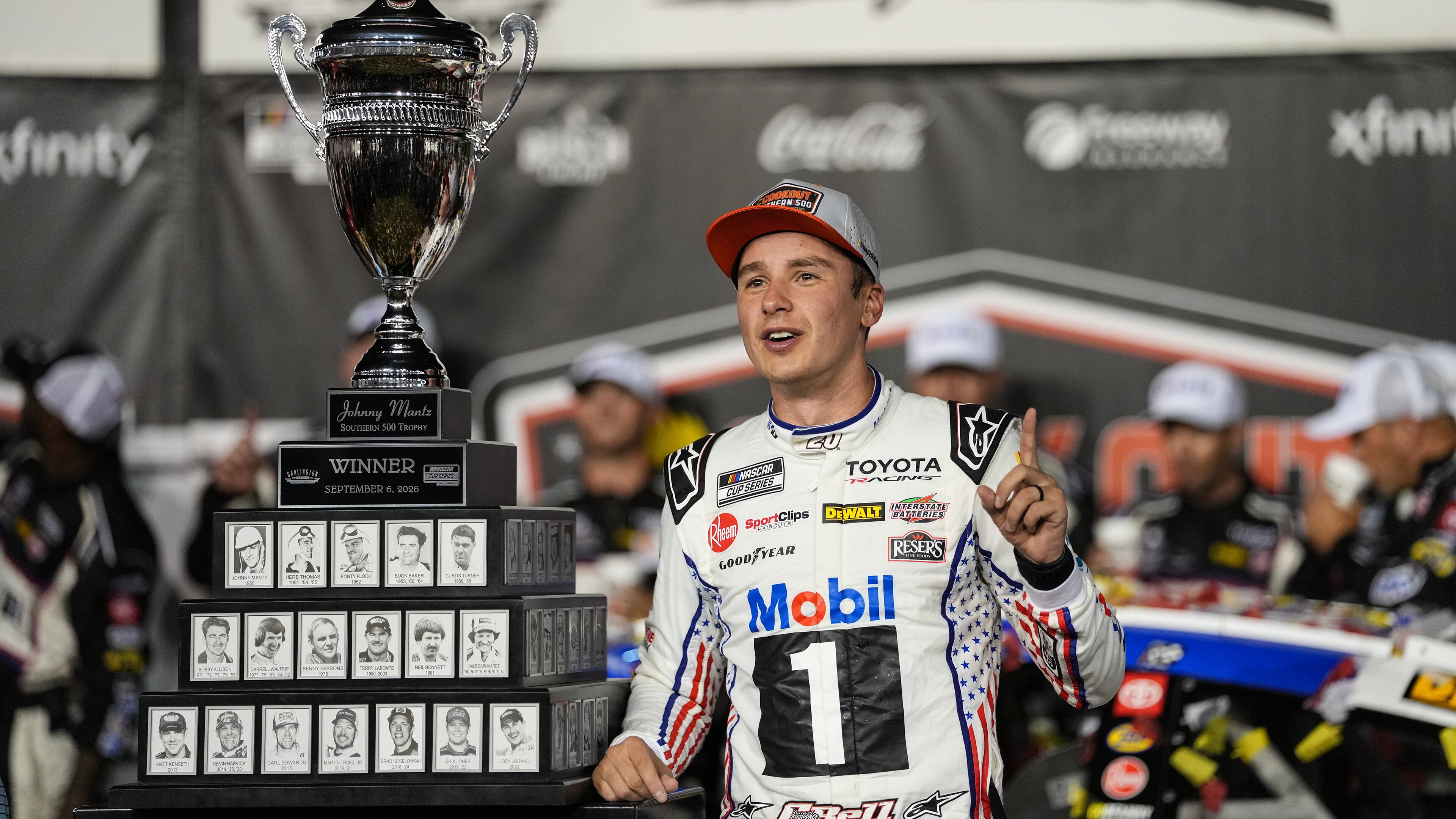 Christopher Bell celebrates in Victory Lane after winning a NASCAR Cup Series auto race Sunday, Sept. 6, 2026, in Darlington, S.C. (AP Photo/Matt Kelley)