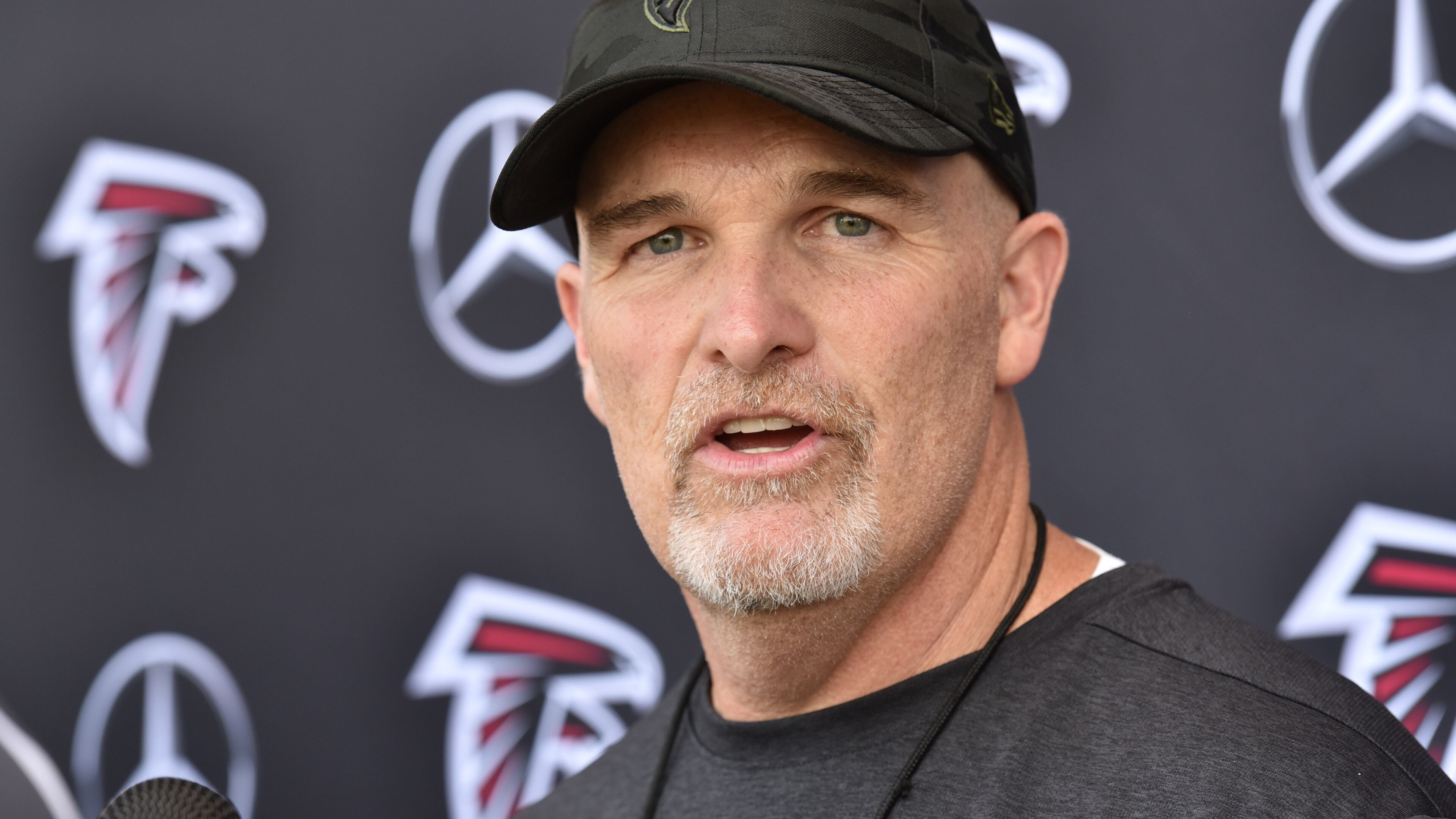May 30, 2019 Flowery Branch - Atlanta Falcons head coach Dan Quinn speaks to members of the press after team practice at Atlanta Falcons Training Camp in Flowery Branch on Thursday, May 30, 2019. The Falcons are in the second week of Phase Three of the offseason program. They have another week of OTAs before the mandatory minicamp, which is set for June 11 through 13. HYOSUB SHIN / HSHIN@AJC.COM